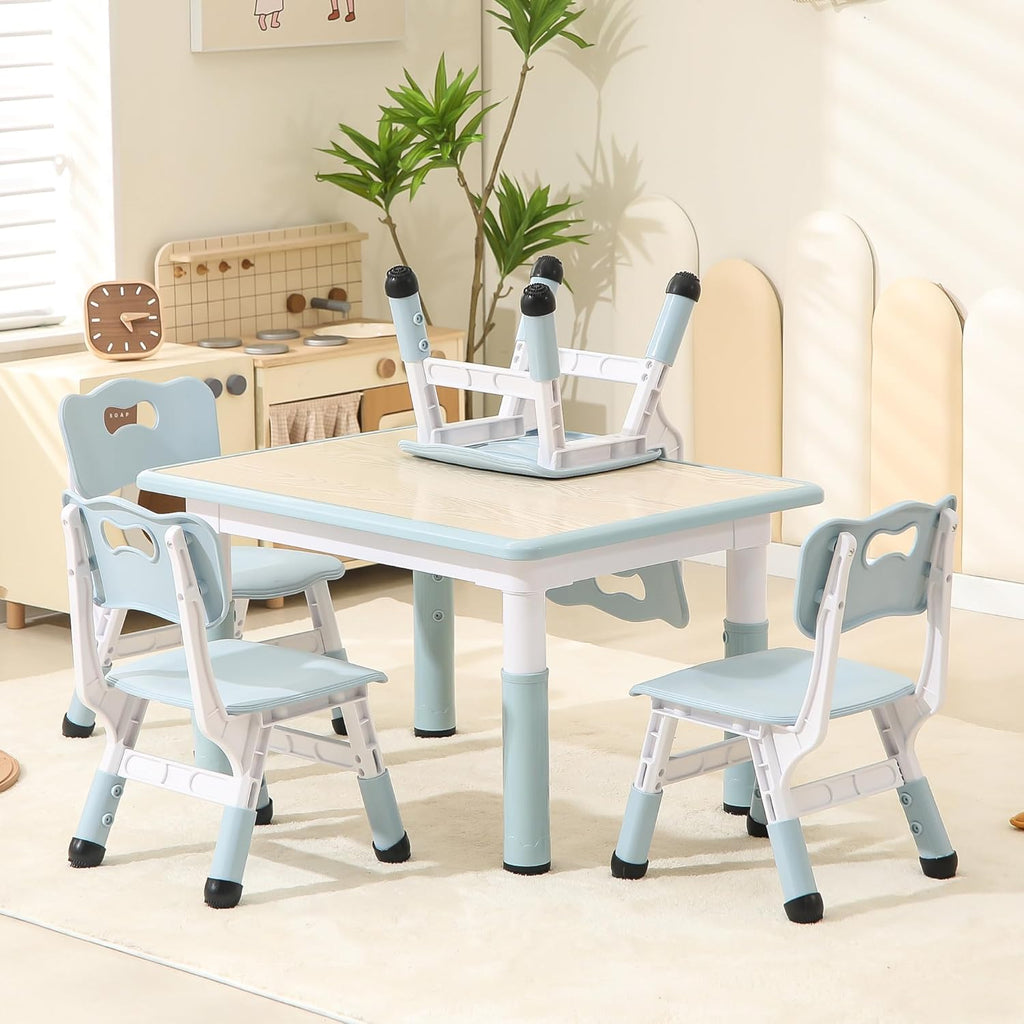 Height-Adjustable Kids Table and Chairs, 31.5''L x 23.6''W Toddler Table and 4 Chairs Set with Anti-Slip Foot Covers, Children Activity Table for Ages 2-10, Graffiti Desktop
