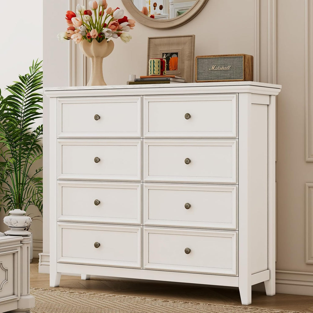 BLANKSPACE White 8 Drawer Dresser, Modern Dresser for Bedroom, Wood Drawer Organizer with Metal Knobs, Large Capacity Cabinet for Bedroom, Hallway