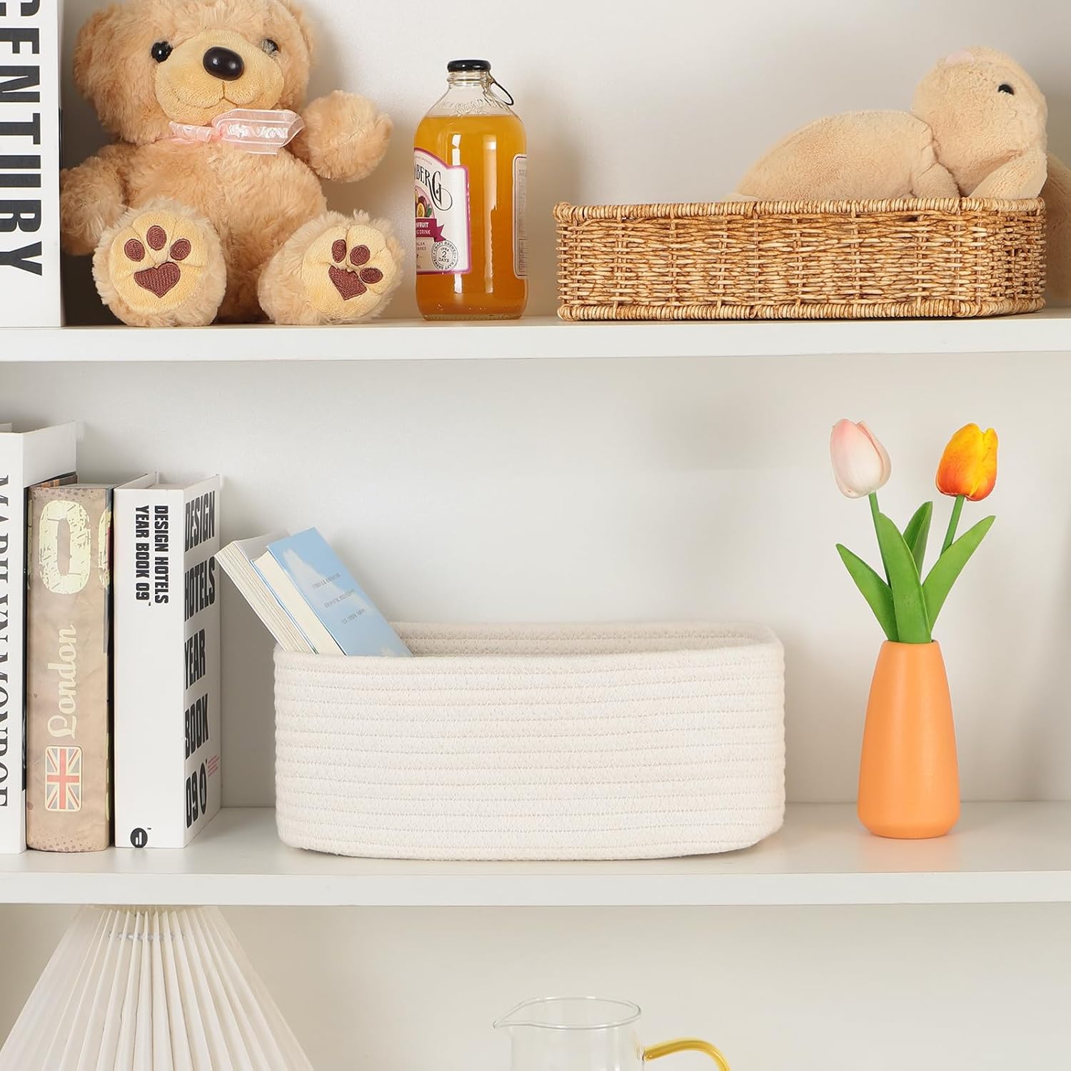 Small Storage Baskets for Organizing | Closet Organizer Bins | Shelf Toy Basket | Woven Rope Baskets | Cube Decorative Box | Shallow Basket | 11.5x7.5x4.7” | 4 Packs Off White