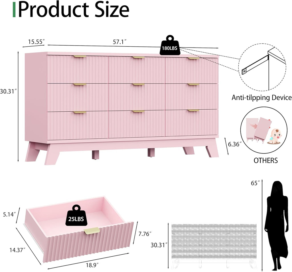 Fluted Dresser for Bedroom with 9 Drawers, 57" Wide Modern Chest of Drawers with Metal Handle, Wooden Dresser TV Stand, Wood Closet Clothes Storage Organizer for Living Room, Hallway, Pink