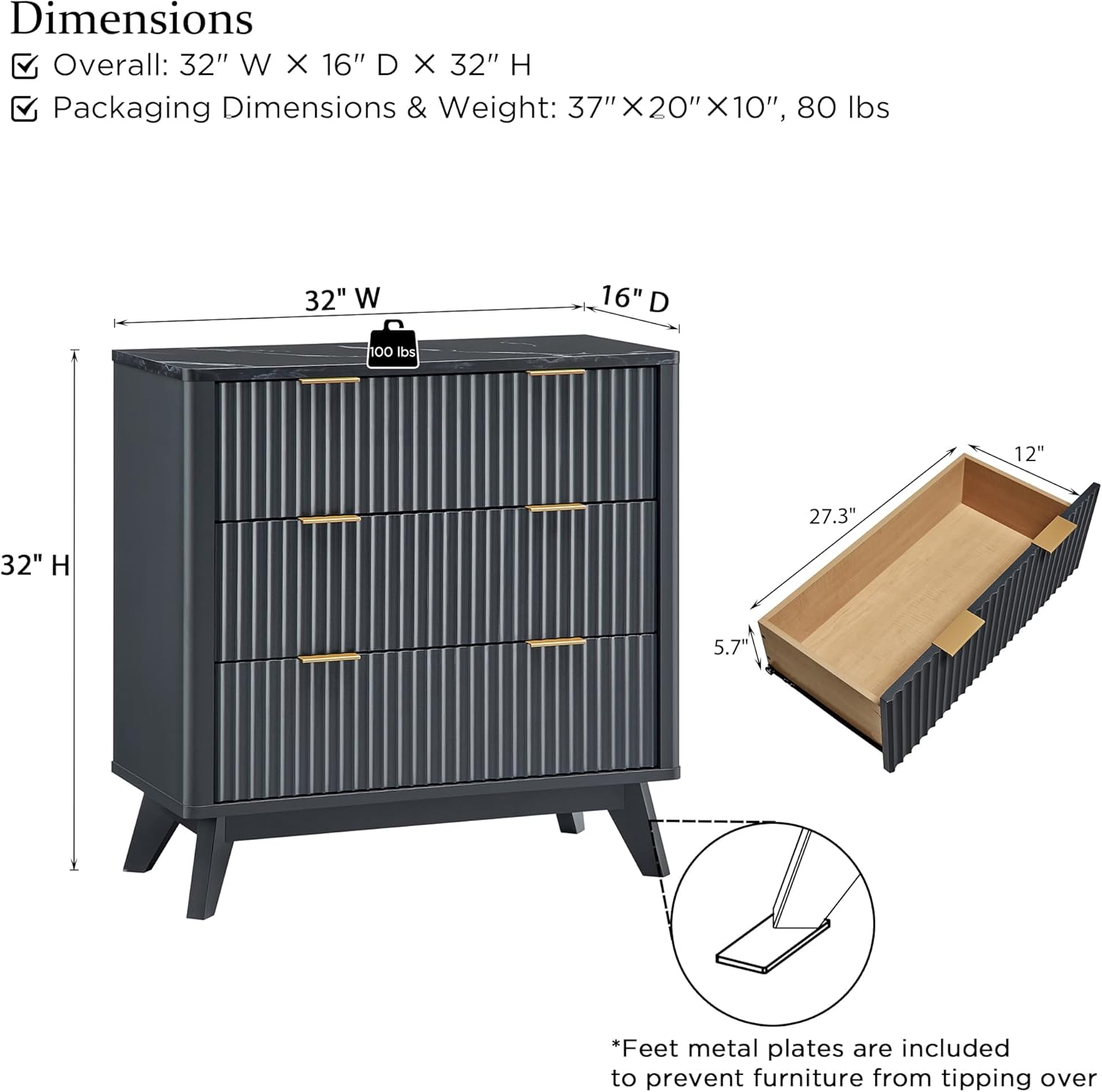 T4TREAM 32" Tall Fluted Nightstand Set of 2, Modern Side Table with Faux Marble Top, 3 Drawers End Table w/Storage, Bedside Table for Bedroom, Living Room, Curved Profile Design, Dark Grey