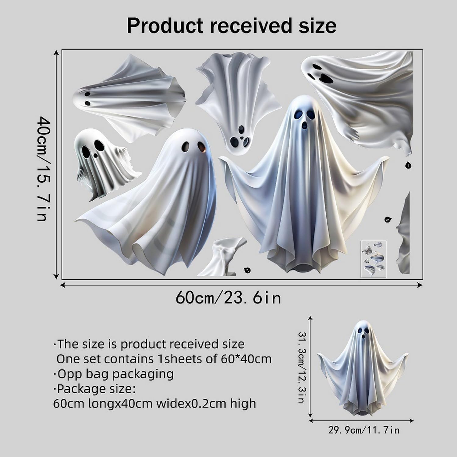 Halloween Ghost Window Clings for Glass 1PCS Static Cling Window Decals Spooky Window Stickers White Removable & Reusable Home School Office Party Decorations