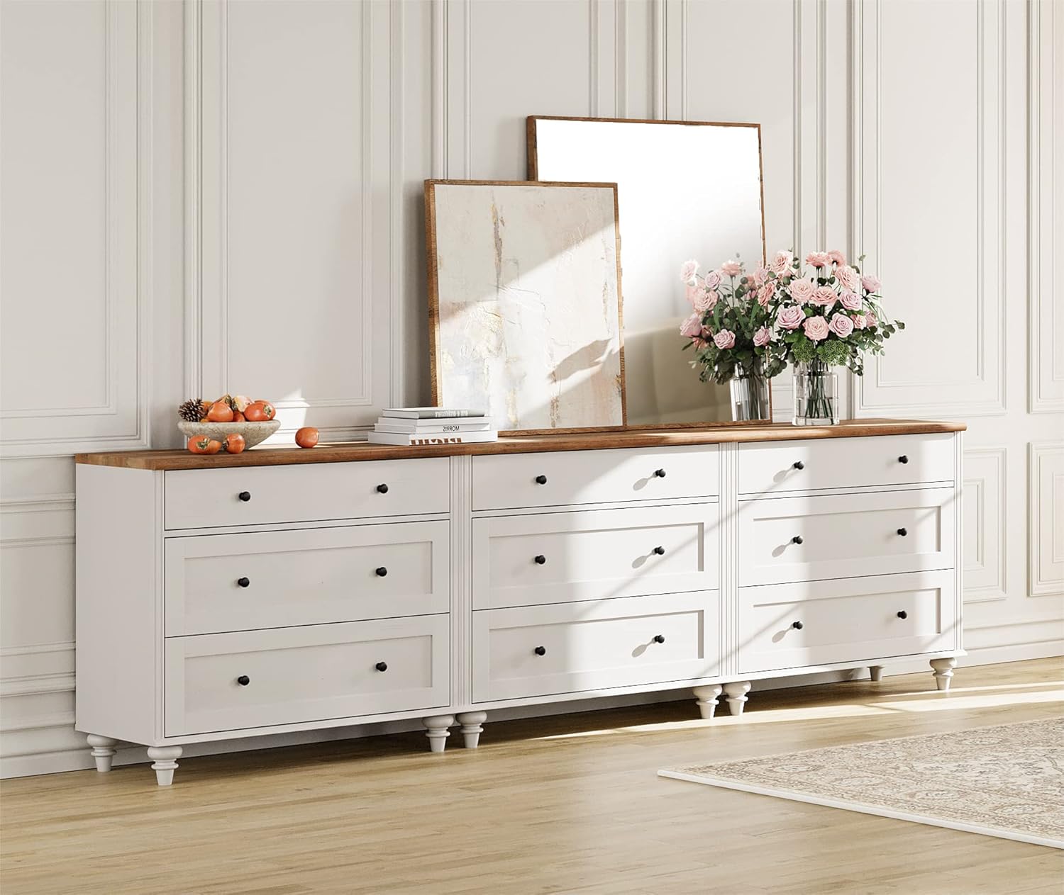 WAMPAT 9 Drawer Dressers for Bedroom, White Kids Dresser with 9 Wide Chest of Drawers, Mid Century Wooden Closet Storage Organizer, Large Wood Baby Dressers for Living Room, Nursery, Hallway