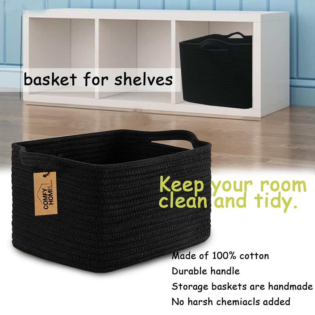 COMFY-HOMI Storage Basket for Shelves, Woven Baskets for Storage, Cotton Rope Basket,Toy Storage Organizer, Storage Cube Bin, Organization and Storage, Towel Baskets for Gift Empty, All Black