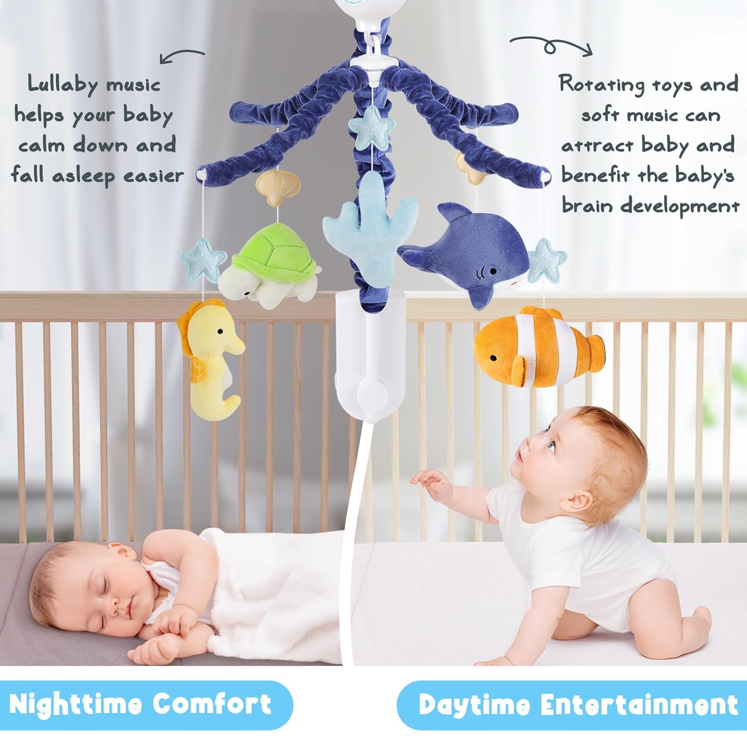 Ocean Animals Baby Crib Mobile - Musical Baby Mobile for Crib with 12 Lullabies for Boys & Girls, Baby Mobile for Bassinet for New Borns, Nursery Mobiles, Fits Standard Cribs