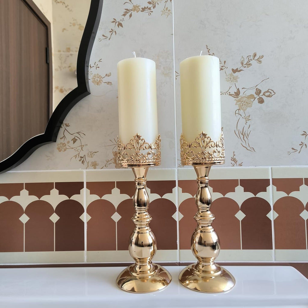 Candle Holders for Pillar Candles Gothic Matte Black Vintage Tall Candle Holders Set of 2 Decorative Large Table Centerpieces Candle Stand Decor (Gold 2PCS A)
