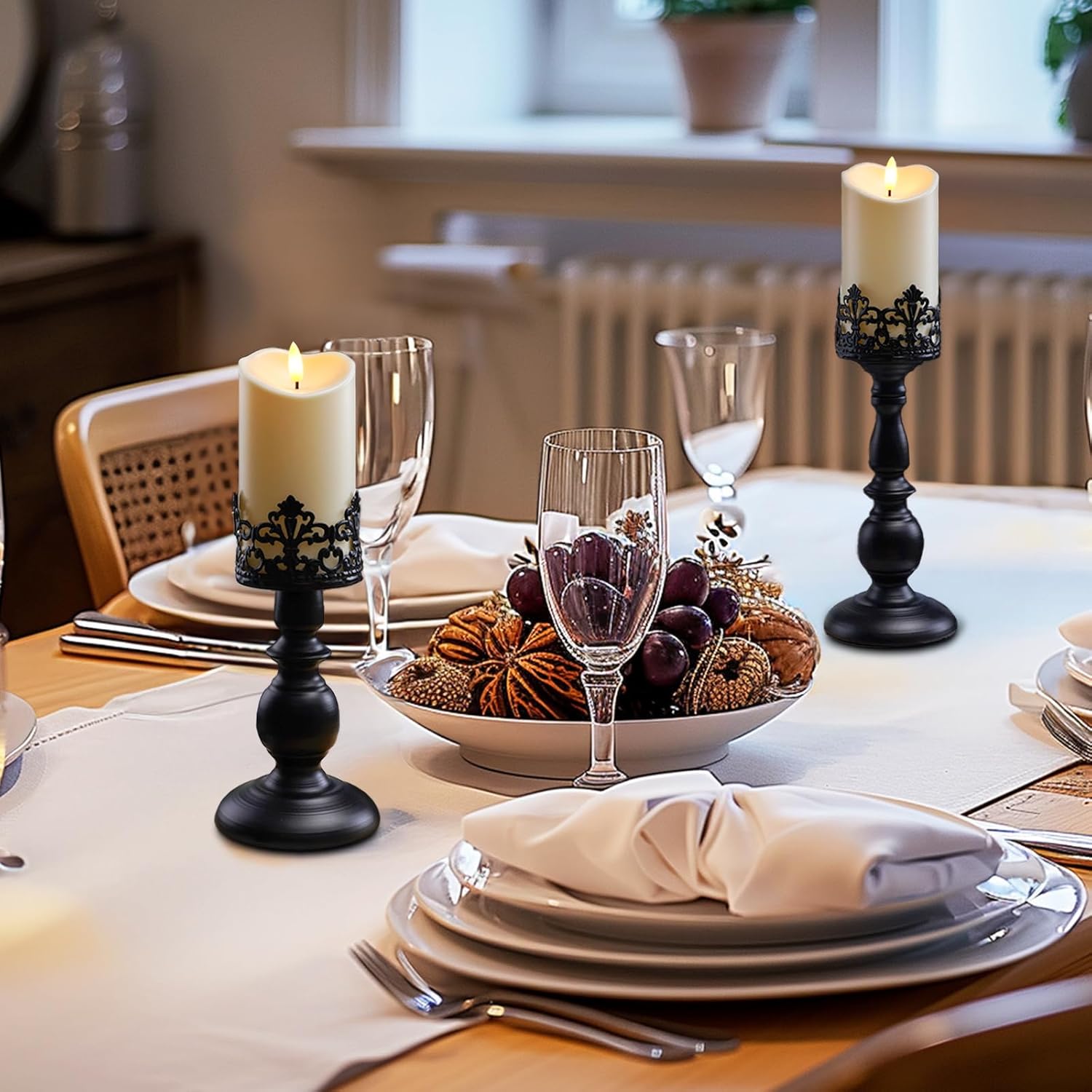 Homemory Black Halloween Candle Holders for Pillar Candles Set of 2, Gothic Vintage Candle Holders for Table Centerpiece, 11" 9" Tall Candle Stand Decorative for Dining Fireplace Living Room (Black)