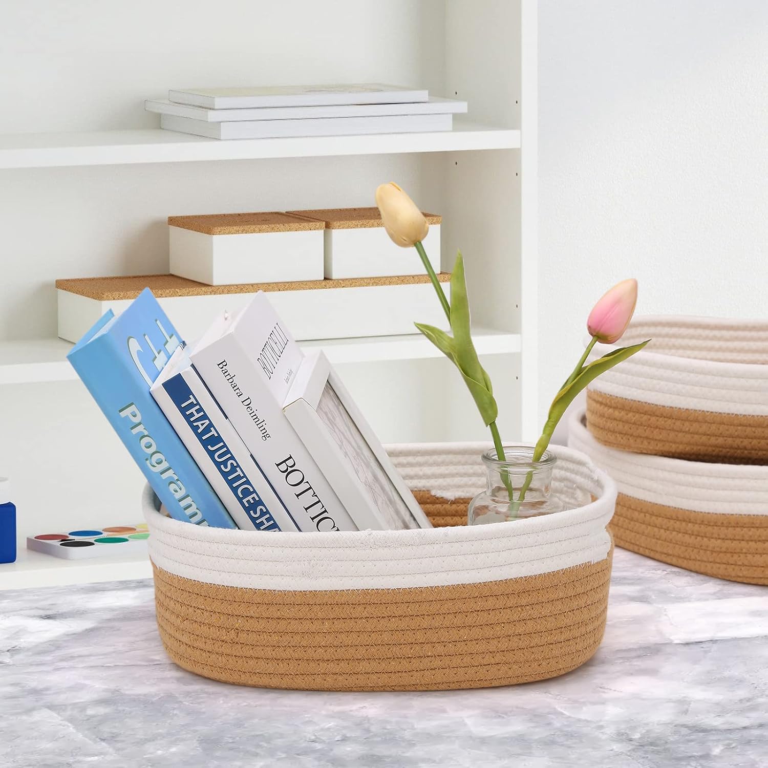 7 Piece Cotton Rope Woven Basket Set - Small Basket for Baby Nursery, Pets, Montessori, Dog & Cat Toy Boxes, Bathroom Organization Bins (White/Jute)