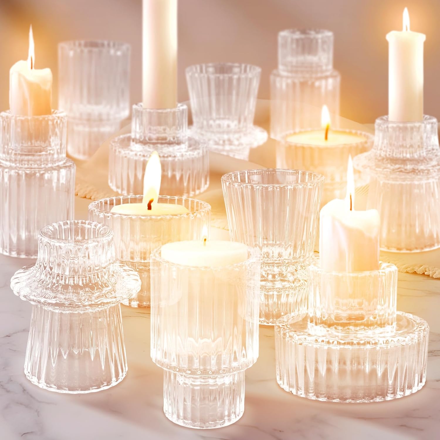 12 Pcs Glass Candlestick Holders Taper Candle Holders for Table Centerpieces, Wedding Decor and Dinner Party, Clear