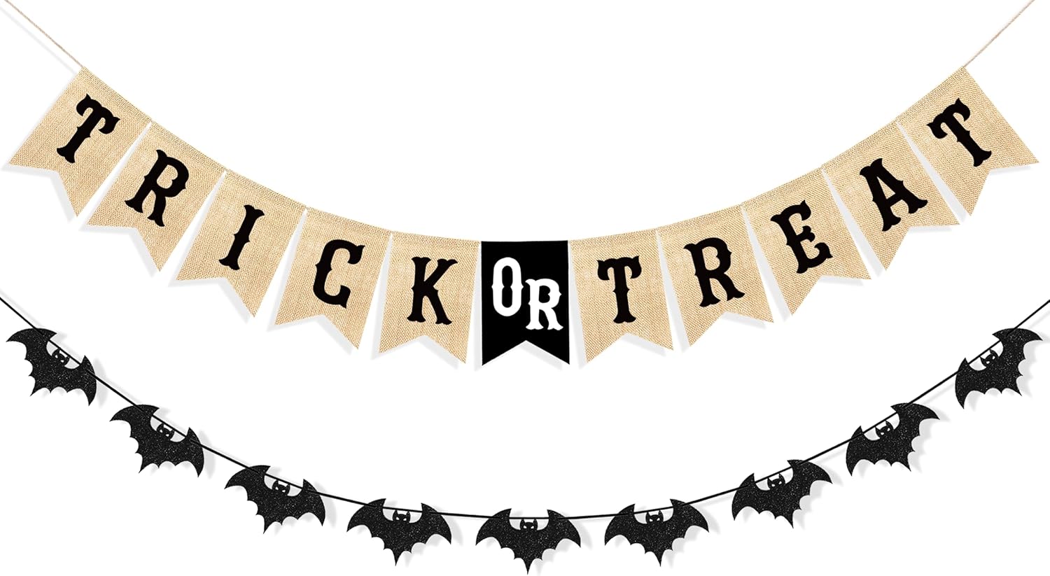 Uniwish Trick or Treat Burlap Banner Halloween Decorations for Mantel Fireplace Glitter Bat Garland Bunting Home Wall Decor Halloween Party Supplies