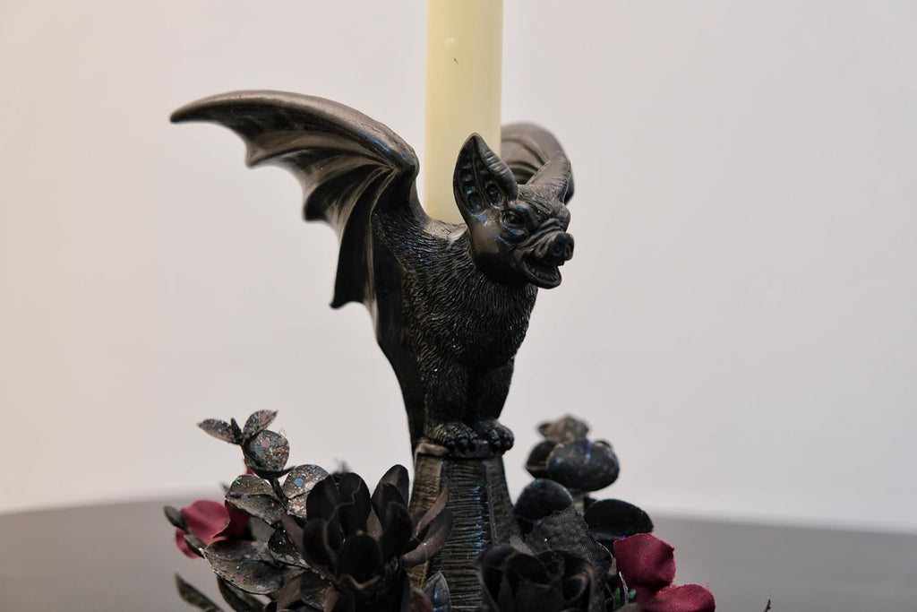 Bat Shaped Halloween Candle Holder, Black Resin Candlestick Holder with Black&Burgundy Artificial Flower, Gothic Halloween Decor for Coffee Table/Dining Table Centerpiece, 6" Height