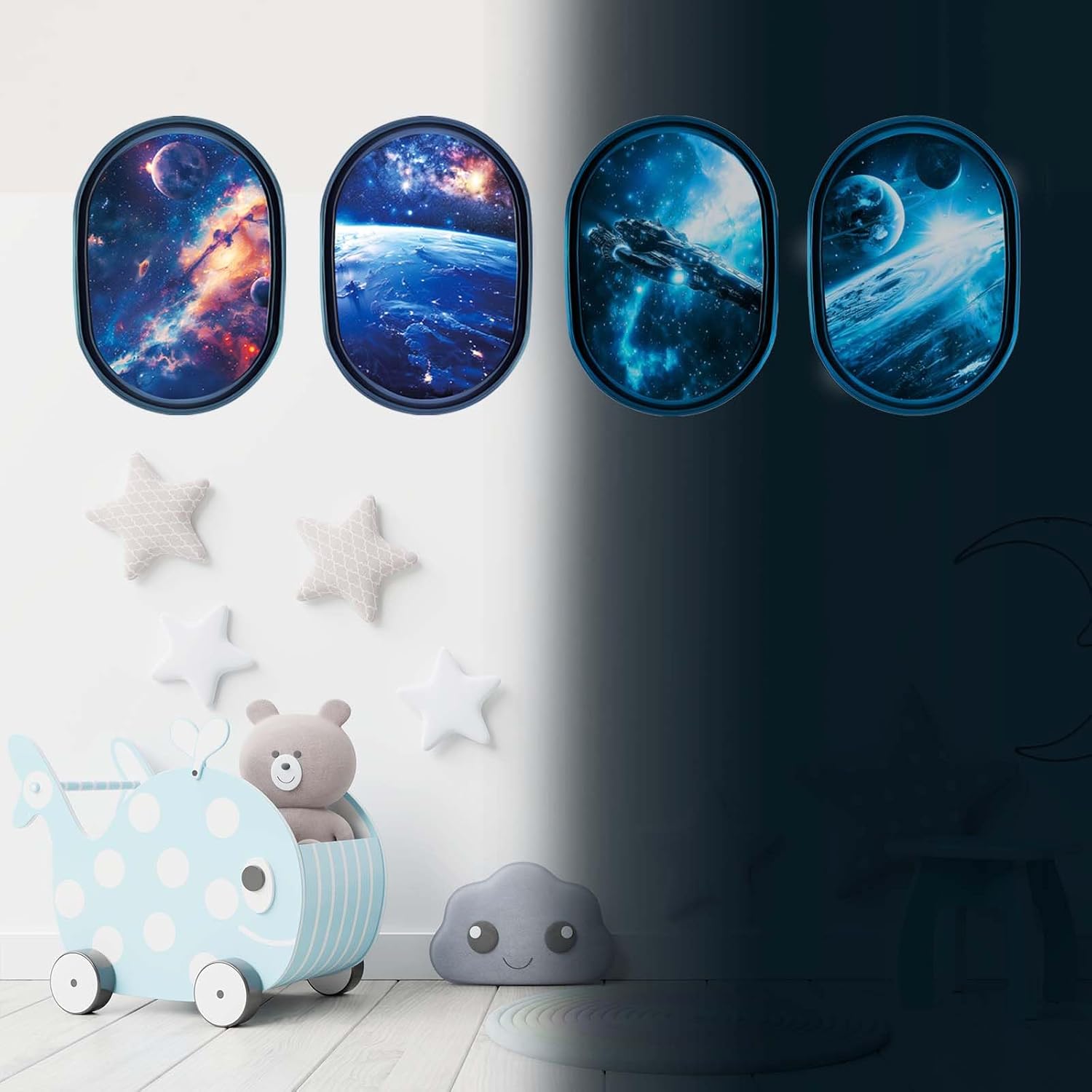 SNAIL GARDEN 4 Pcs Luminous Universe Galaxy Space Wall Stickers,Glow in The Dark Wall Decals,Self-Adhesion Space Themed Wall Decor,3D Ceiling Glow in The Dark Decorations(Blue Light)
