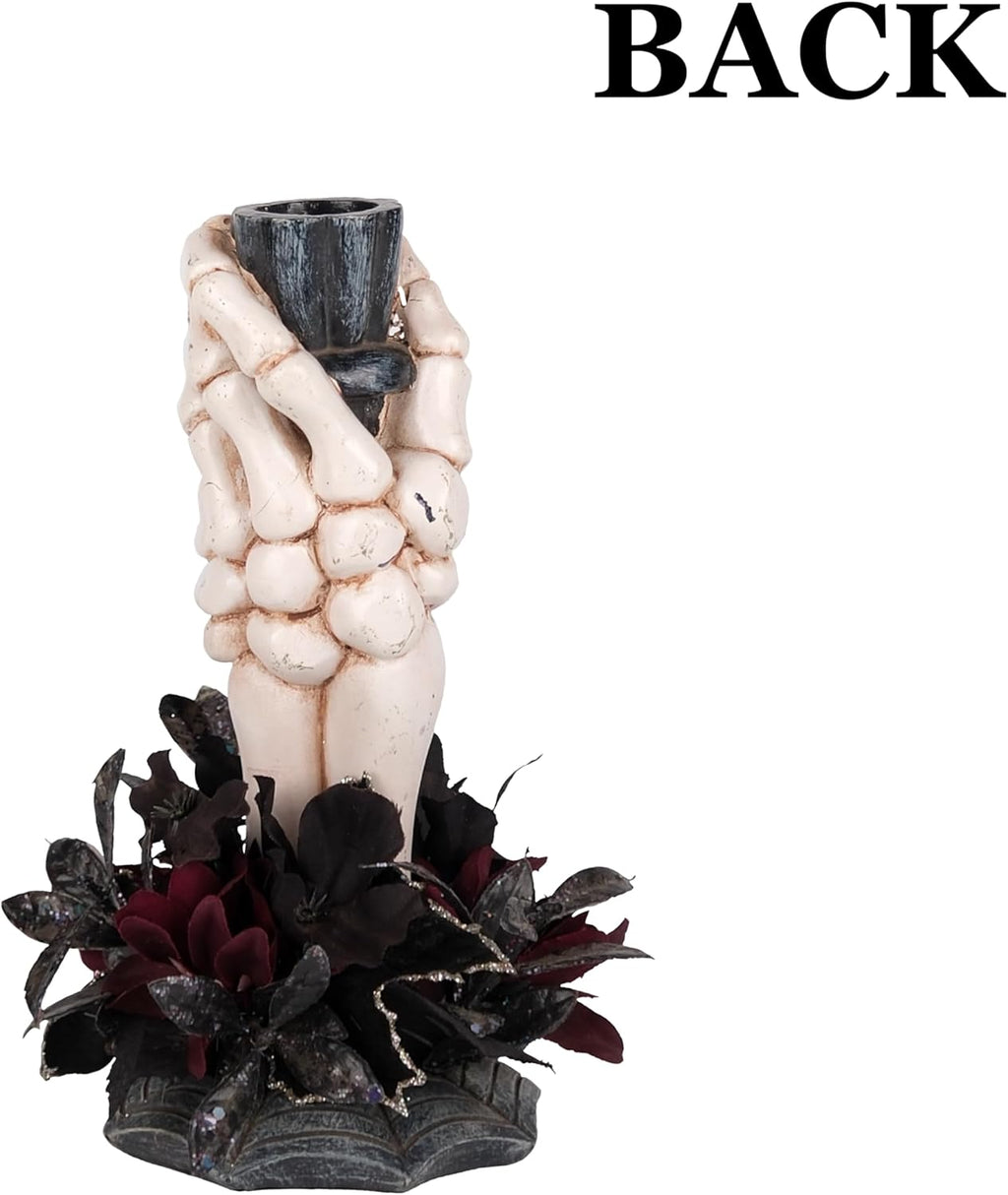 Skeleton Hand Halloween Candle Holder, Resin Candlestick Holder with Black&Burgundy Artificial Flowers Arrangement, Gothic Halloween Decor for Coffee Table/Dining Table Centerpiece, 6" Height