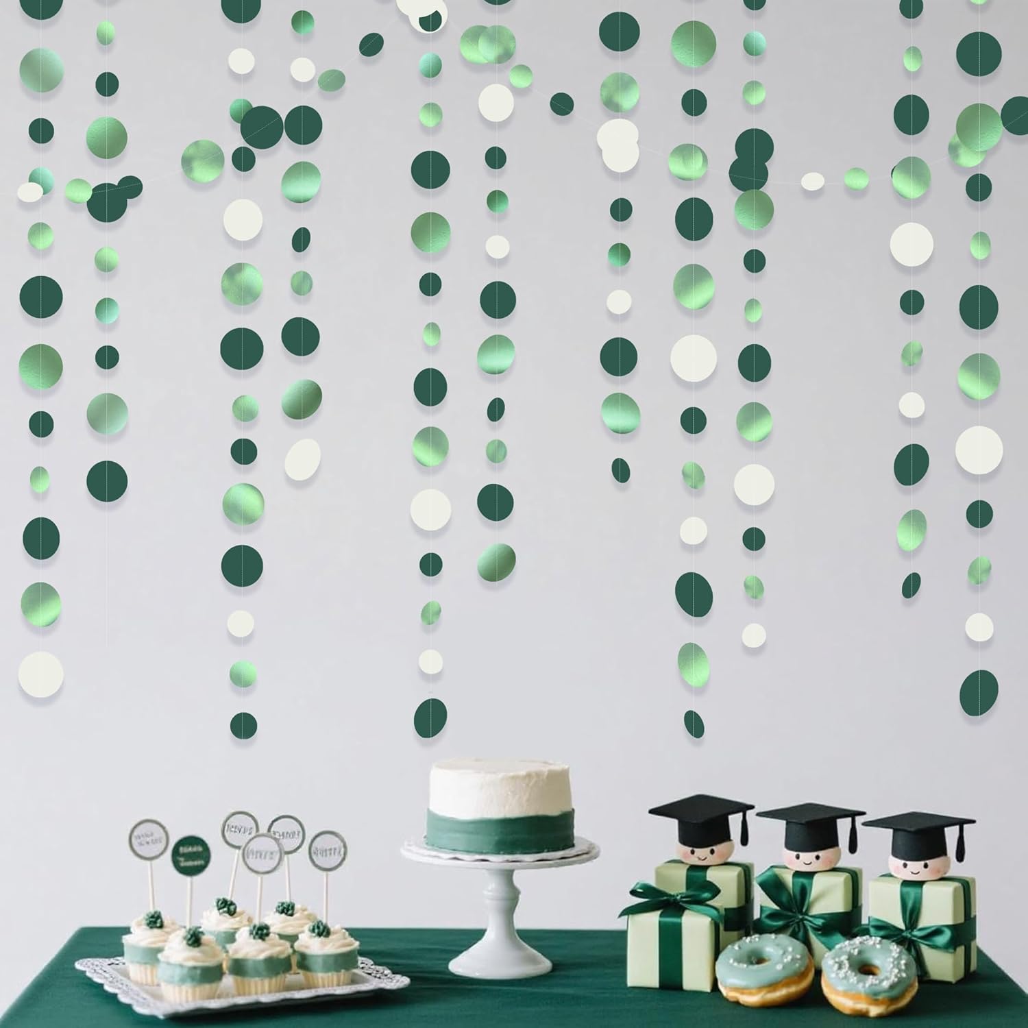 46 Ft Sage Green Party Decorations Metallic Sage Green White Polka Dots Garlands Hanging Paper Circle Dots Streamer for Birthday Baby Shower Engagement Graduation Wedding Party Decorations Supplies