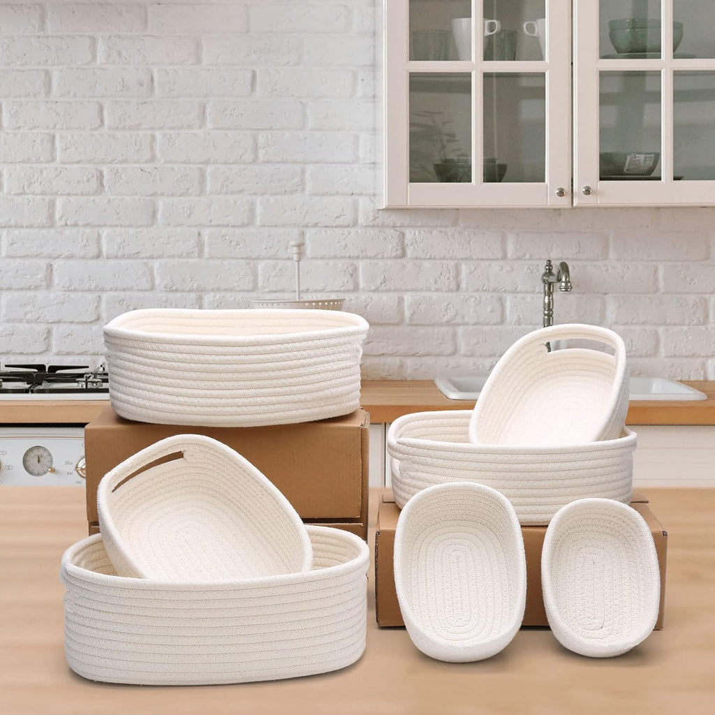 7 Piece Cotton Rope Woven Basket Set - Small Basket for Baby Nursery, Pets, Montessori, Dog & Cat Toy Boxes, Bathroom Organization Bins (White)