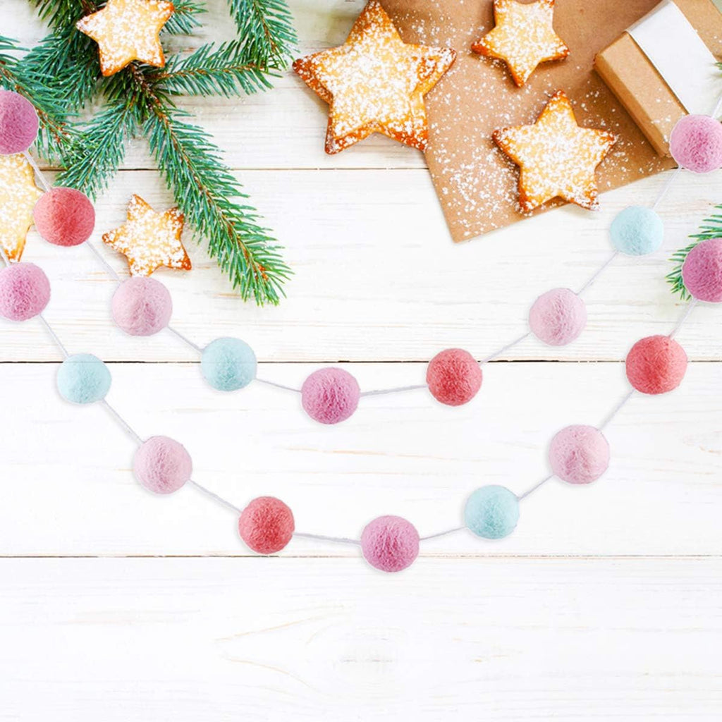 CCINEE 9.8 Feet Felt Ball Garland Pink Pom Poms Balls Strings (24Pieces Bulk) Handmade 4 Colors Mixed 1.2" for Birthday Banner Festival Spring Party Favor