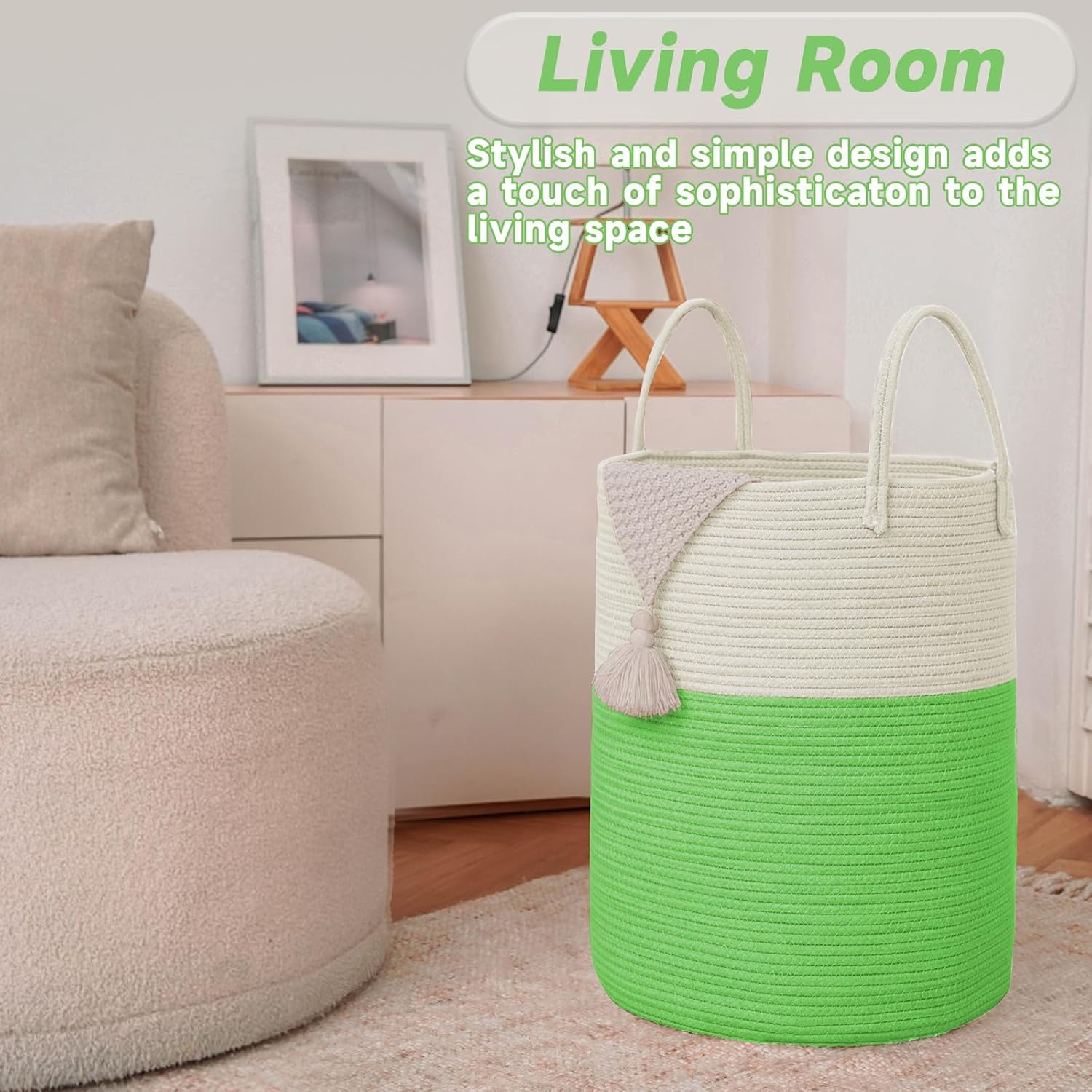 Large Woven Laundry Basket Hamper,60L Cotton Rope Storage Bin for Blankets,Toys and Clothes,Decorative Tall Nursery Hamper for Living Room,Baby Nursery,Bathroom and Bedroom,Light Green