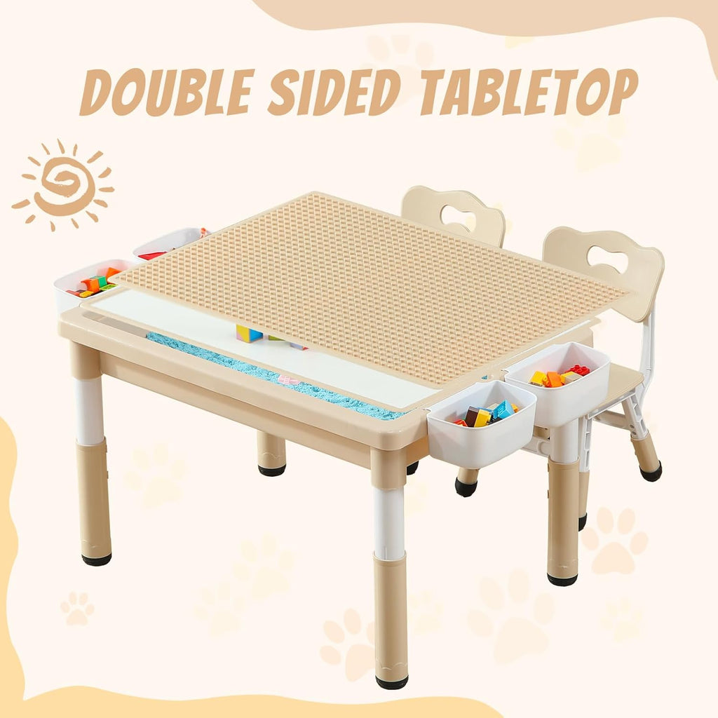 Multi Functional Kids Table and 2 Chairs Set, Graffiti & Building Blocks Double-Sided Tabletop, Toddler Play Table with Drawers, Large Storage Space, Gift for Boys/Girls, Burlywood