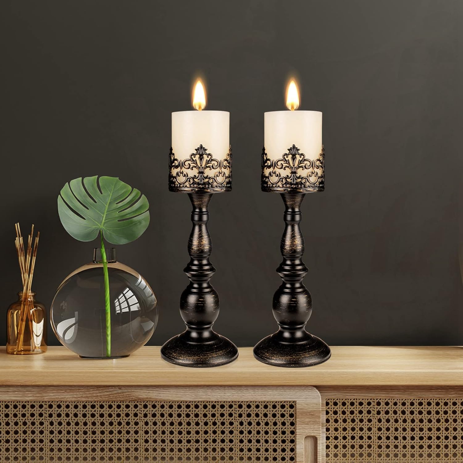 Candle Holders for Pillar Candles Gothic Matte Black Vintage Tall Candle Holders Set of 2 Decorative Large Table Centerpieces Candle Stand Decor (Distressed Black 2PCS A)