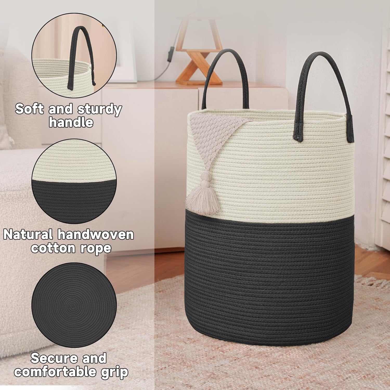 Large Woven Laundry Basket Hamper,60L Cotton Rope Storage Bin for Blankets,Toys and Clothes,Decorative Tall Nursery Hamper for Living Room,Baby Nursery,Bathroom and Bedroom,White and Black