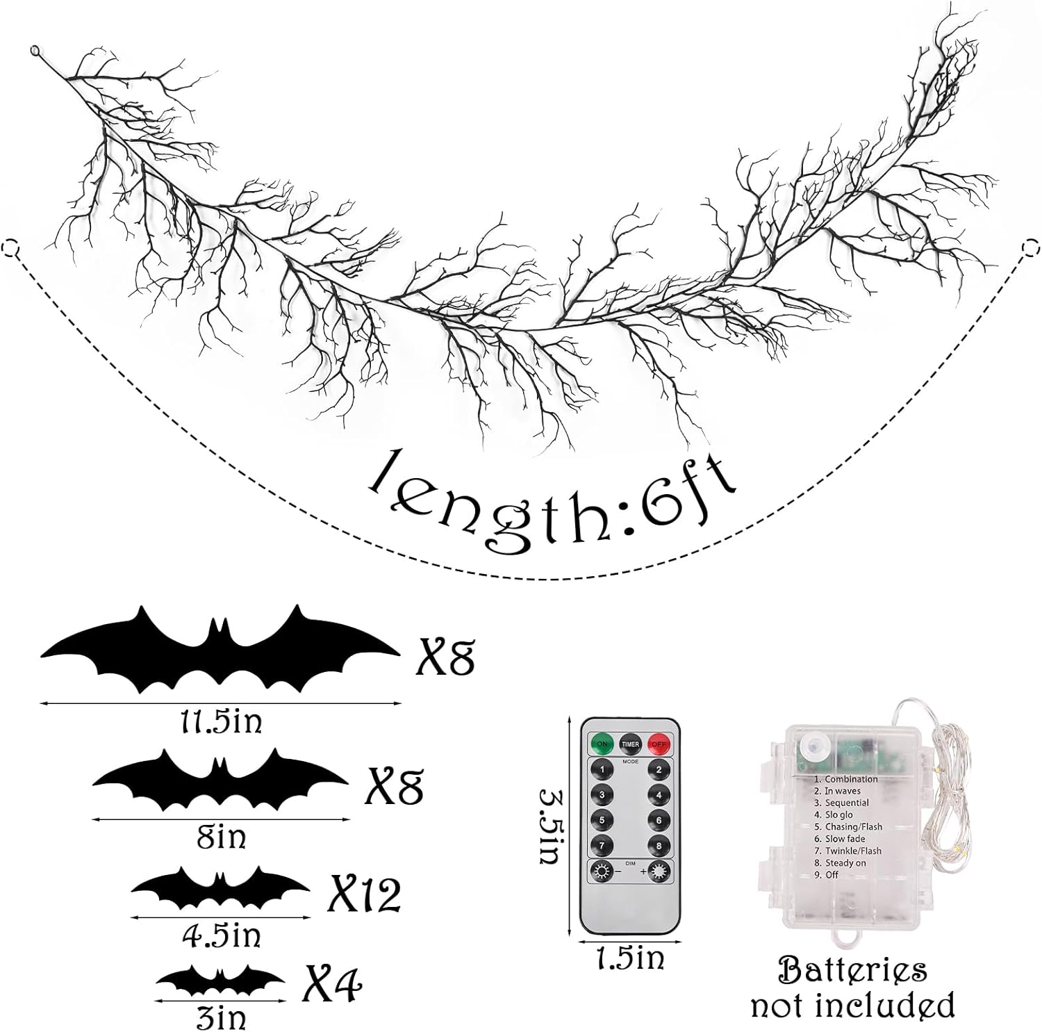 Gothic Halloween Banner: 1pc Haunted Bat Dark Dead Branch Halloween Party Banner with LED Lights, Decorative Bat Vine Twig Garland Decorations for Home Wall Mantel Doorways Front Decor