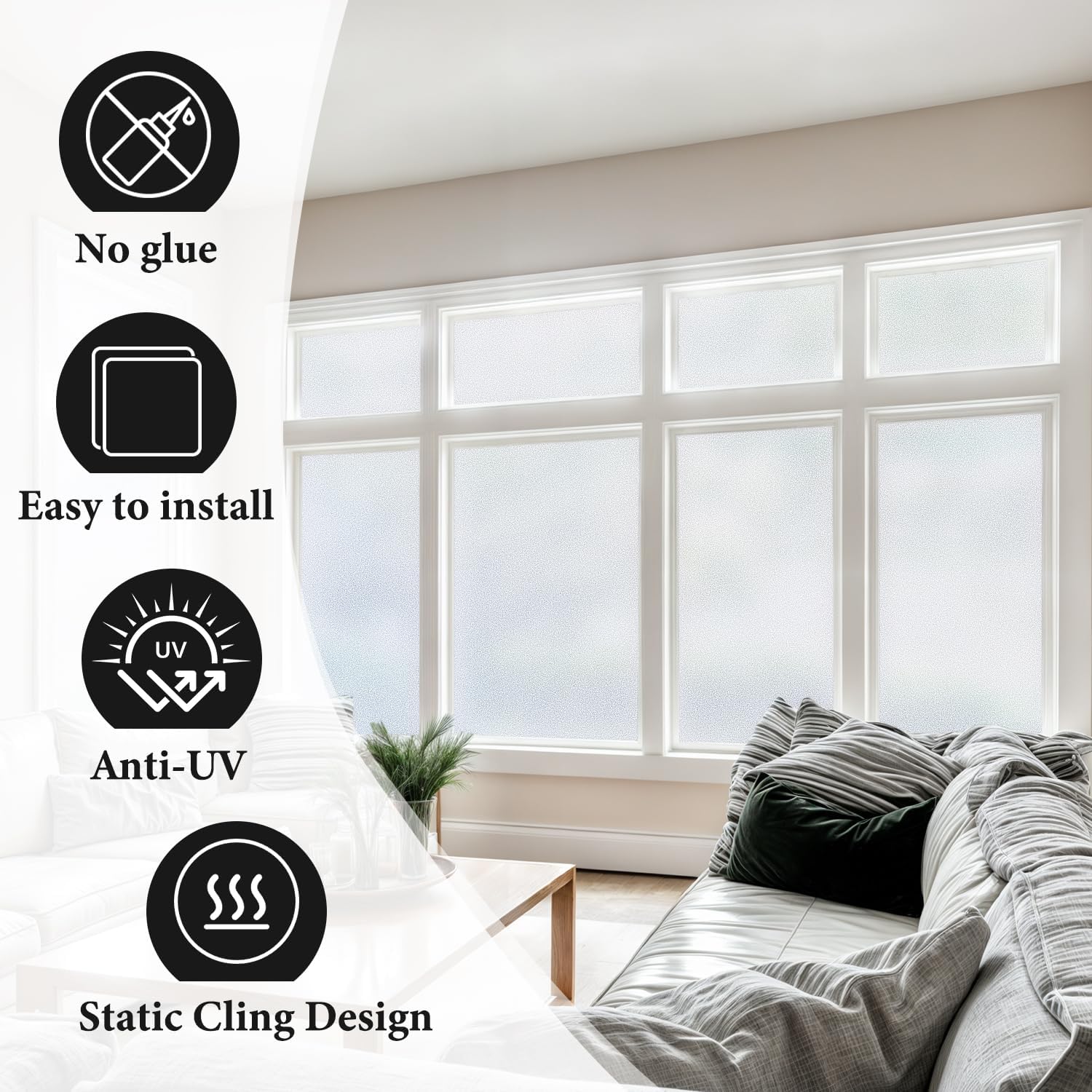 DUOFIRE Privacy Window Film Natural Frosted Glass Film Static Cling Glass Film No Glue Anti-UV Window Sticker Non Adhesive for Privacy Office Meeting Room Bathroom Living Room 45.2in. x 118in. S001