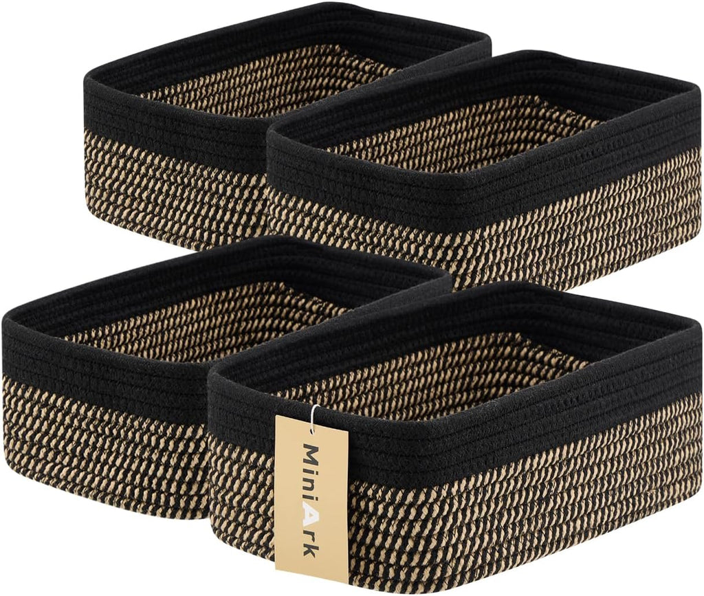 Small Storage Baskets for Organizing | Closet Organizer Bins | Shelf Toy Basket | Woven Rope Baskets | Cube Decorative Box | Shallow Basket | 11.5x7.5x4.7” | 4 Packs Black Brown