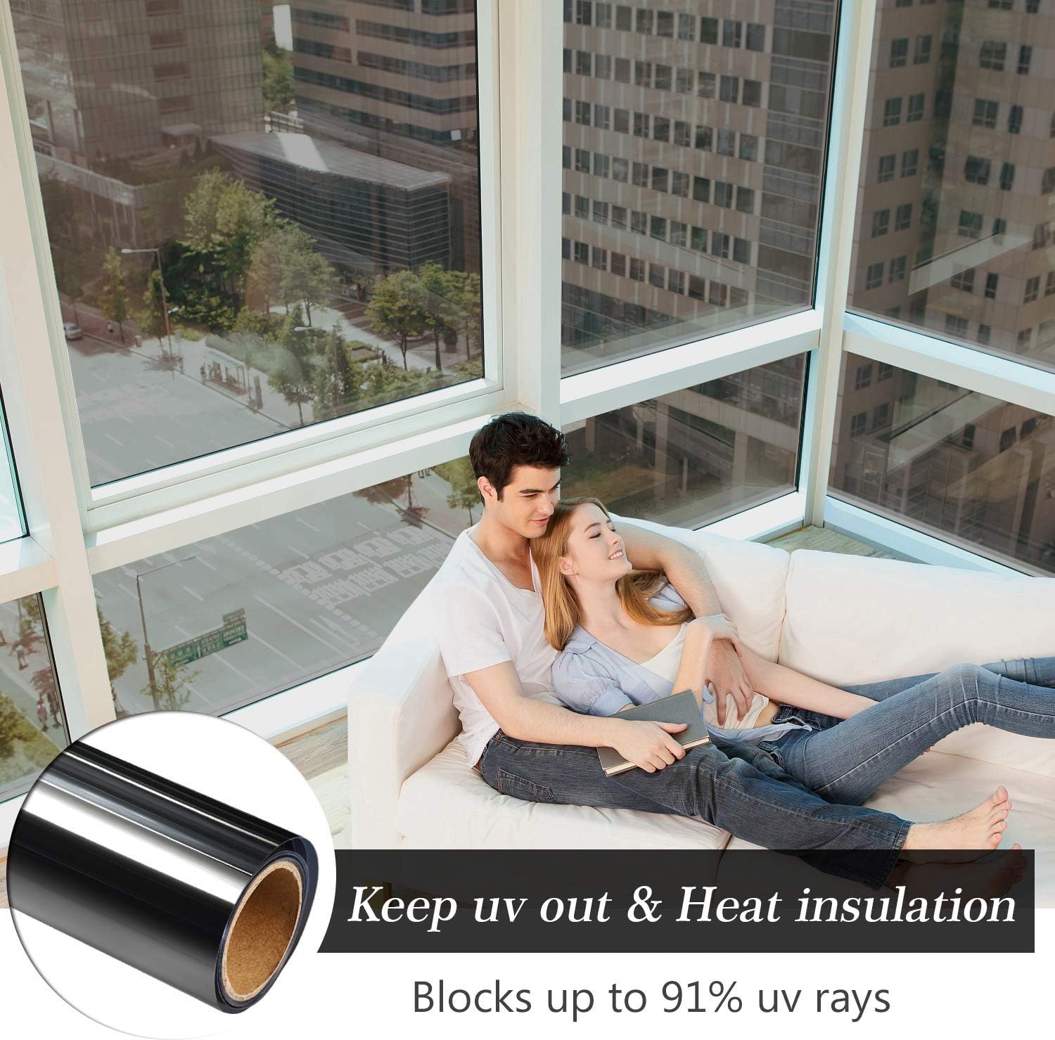 HIDBEA One Way Window Film, Daytime Privacy Sun Blocking Reflective Window Film No Glue Static Cling Heat Control Window Tinting Film for Home and Office, Black Silver, 55.1 x 393.7 Inch