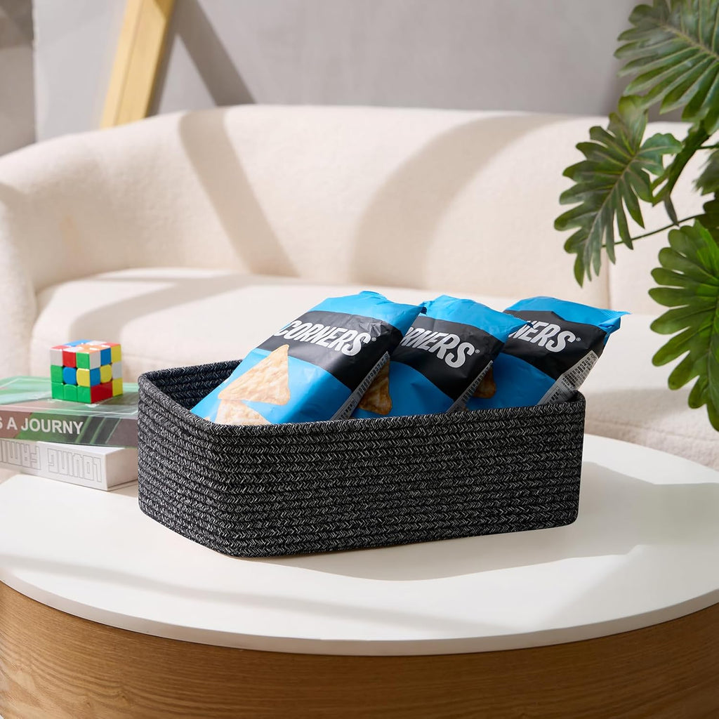 Large Shallow Organizing Baskets 15x11x5.1 Inches - Rope Woven Storage Bins for Bathroom, Shelves, Cube Closet, Mixed Black 2 Packs