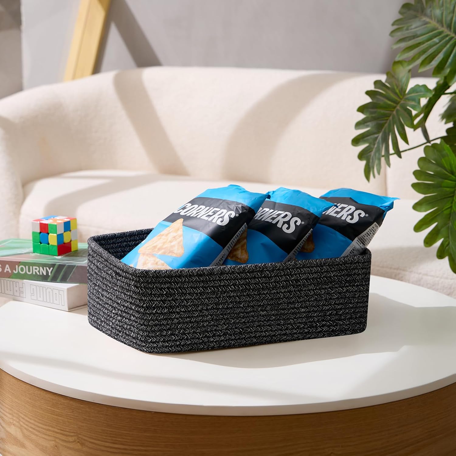 Large Shallow Organizing Baskets 15x11x5.1 Inches - Rope Woven Storage Bins for Bathroom, Shelves, Cube Closet, Mixed Black 2 Packs