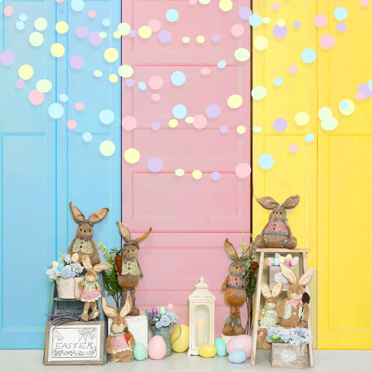 Pastel Party Decorations Blue Purple Pink Yellow Green Circle Dots Garland Hanging Paper Polka Dot Streamer for Birthday Baby Shower Wedding Bridal Shower Macaron Spring Easter Party Supplies