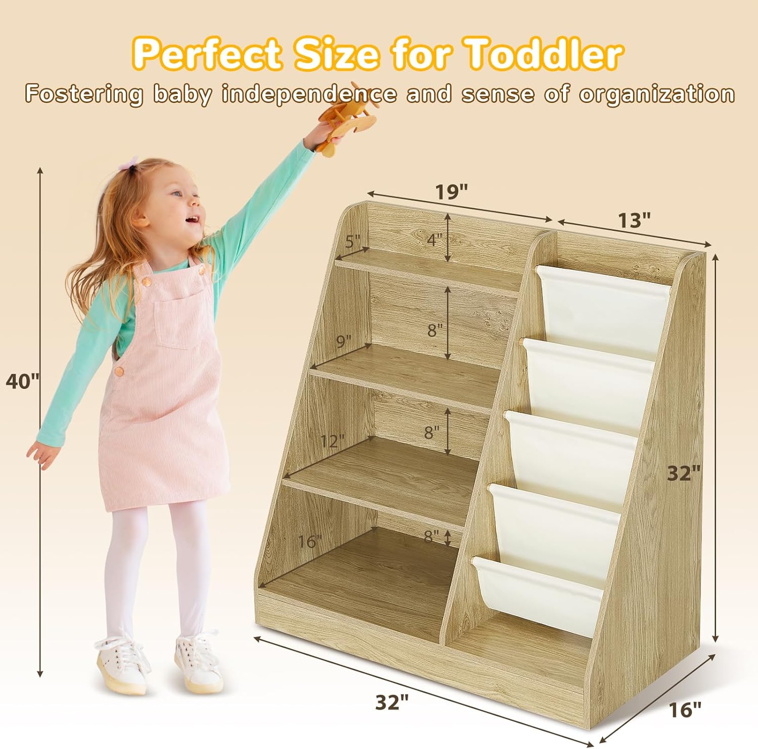 Kids Bookshelf, 4-Tier Kids Wooden Bookshelf with Toy Storage Montessori Toy Shelf, 32”L x 16”D x 32”H Nursery Bookshelves Childrens Bookcase Baby Toddler Book Shelf for Kids Rooms Clearance