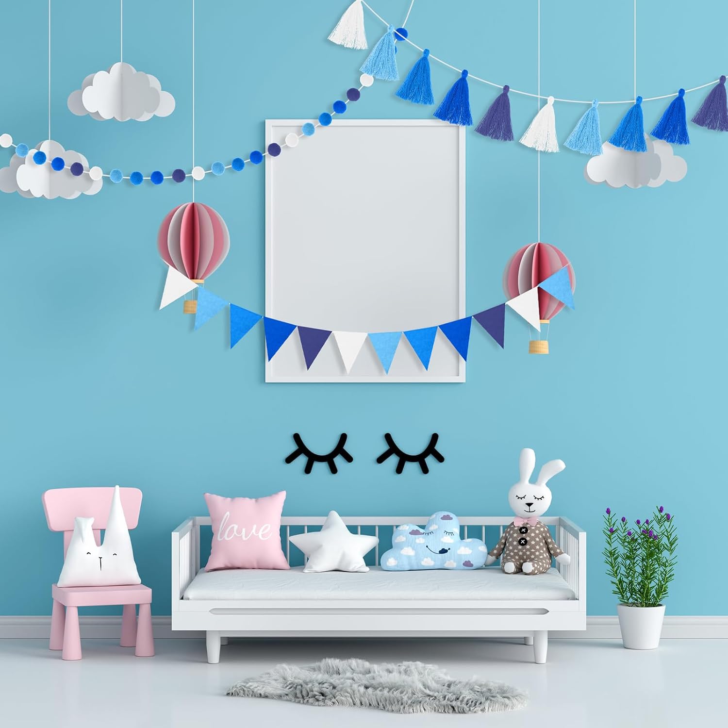 Irenare 9.8 ft Pom Pom Garland Felt Colorful Tassel Banner Christmas Party Pompoms Garland Decorations Felt Pennant Banner for Classroom Home Mantel Fireplace Birthday(Blue)