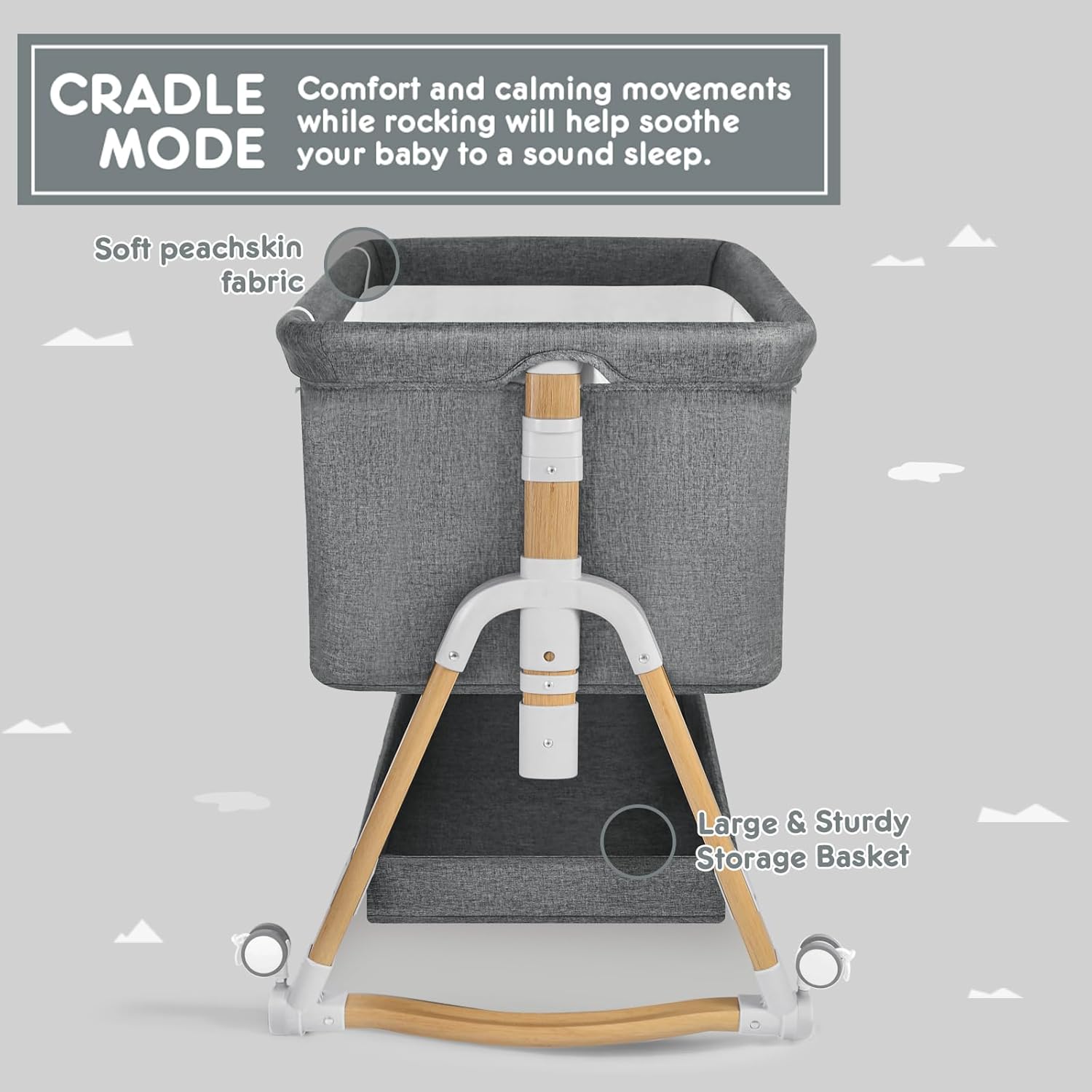 HARPPA Cuddly Bassinet, 3 in 1 Baby Bassinet Bedside Sleeper, Bedside Crib with Mattress and Wheels, Breathable Mesh, 5 Height Adjustable, Anchor Strap (Wood Grain, Grey)