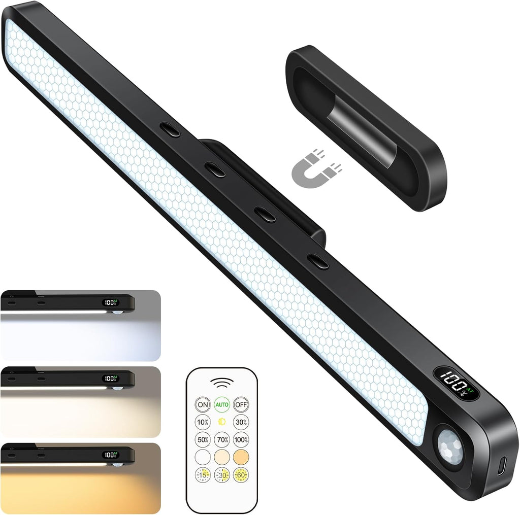 Ferswe 5W Motion Sensor LED Light Bar with Remote, 2500mAh Under Cabinet Lights with Battery Display,Eye-Friendly Mirror Lights Stick on, Rechargeable Light Bar for Cabinet, Closet, Bathroom and Desk