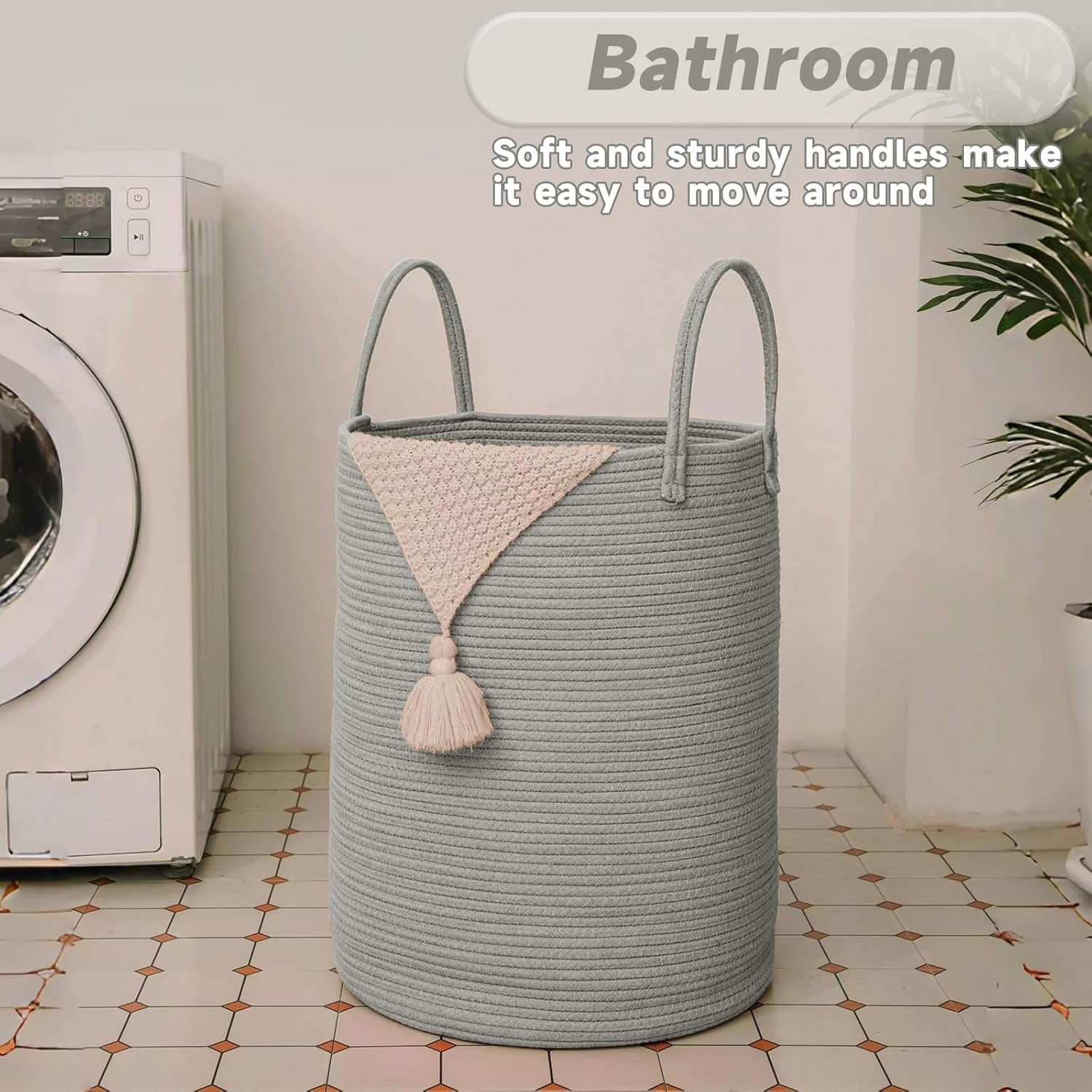 Large Woven Laundry Basket Hamper,80L Cotton Rope Storage Bin for Blankets,Toys and Clothes,Decorative Tall Nursery Hamper for Living Room,Baby Nursery,Bathroom and Bedroom,Grey