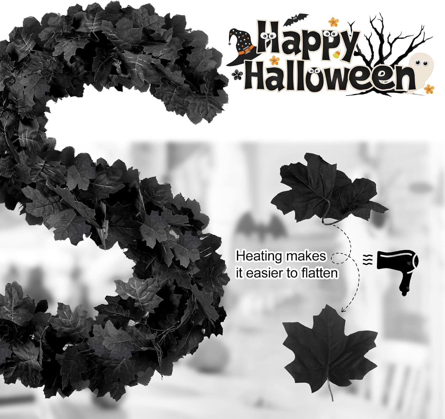 Joyhalo 4 Pack Halloween Garland, 5.7FT Black Maple Leaf Garland Halloween Decor, Spooky Black Leaves Vines Outdoor for Mantle, Home, Office, Stair Railing, Door Frame, Fireplace and Fall Decorations