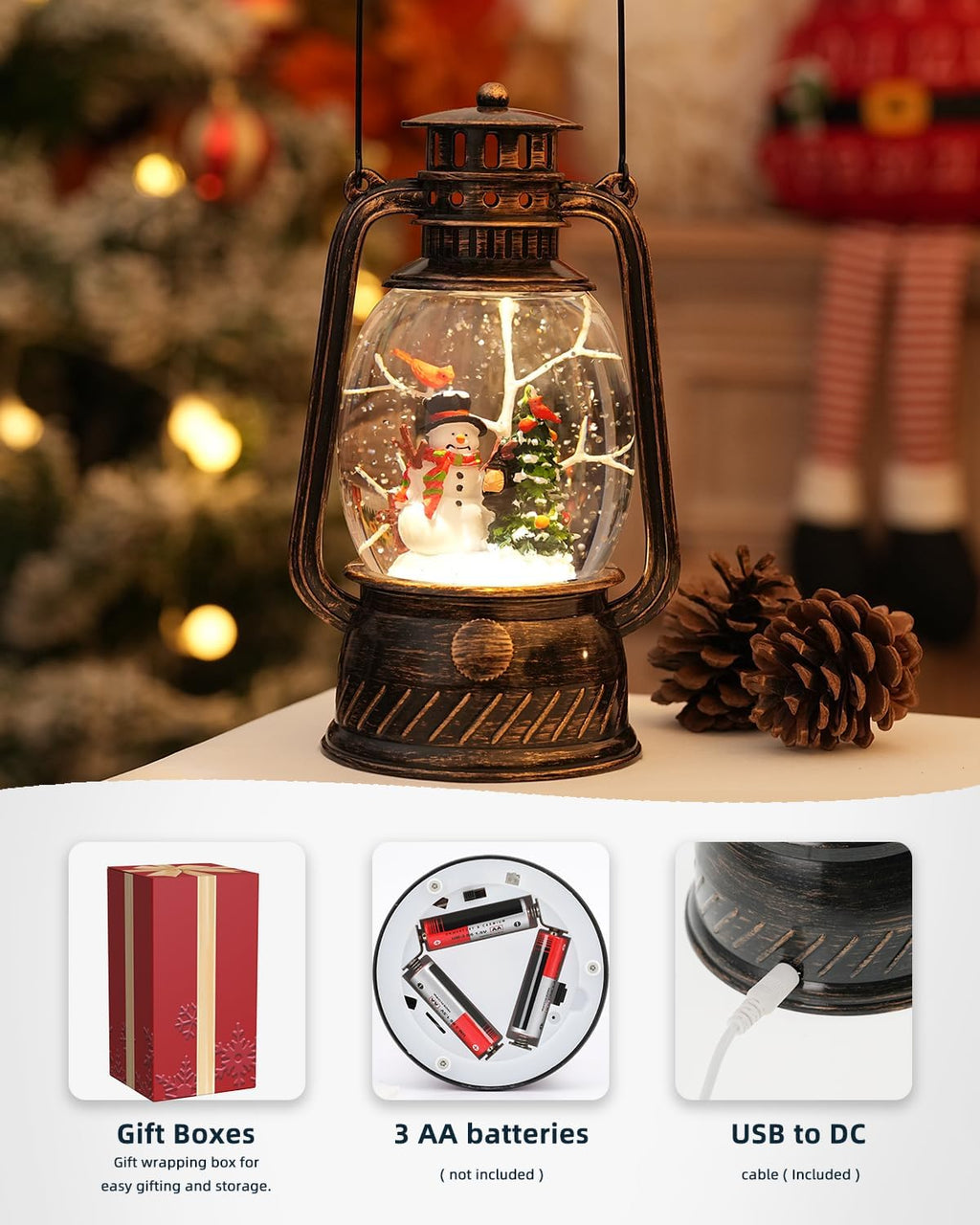 Snow Globe Christmas Decorations - Musical Christmas Snow Globes with 6H Timer,Snowman Cardinal Christmas Tree Scene Snow Globes Lantern USB or Battery Powered,Christmas Decorations Decor for Home