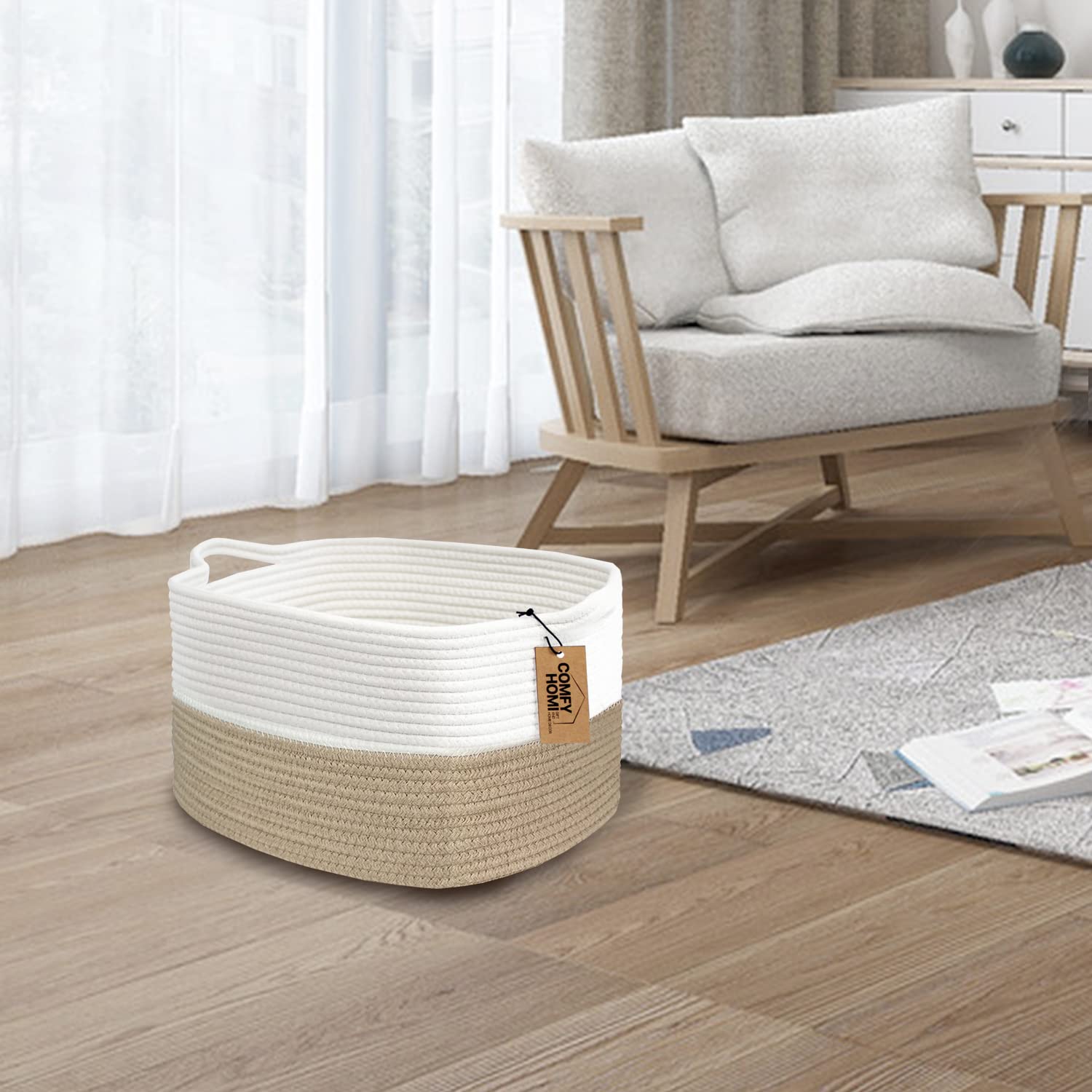 COMFY-HOMI Cotton Rope Woven Basket with Handles for Shelves,Toys,Book, Cloth Storage Baskets Bin for Organizing-13.5"x11"x9.5" Toy Decorative Organizer for Living Room, Bathroom-Light Brown