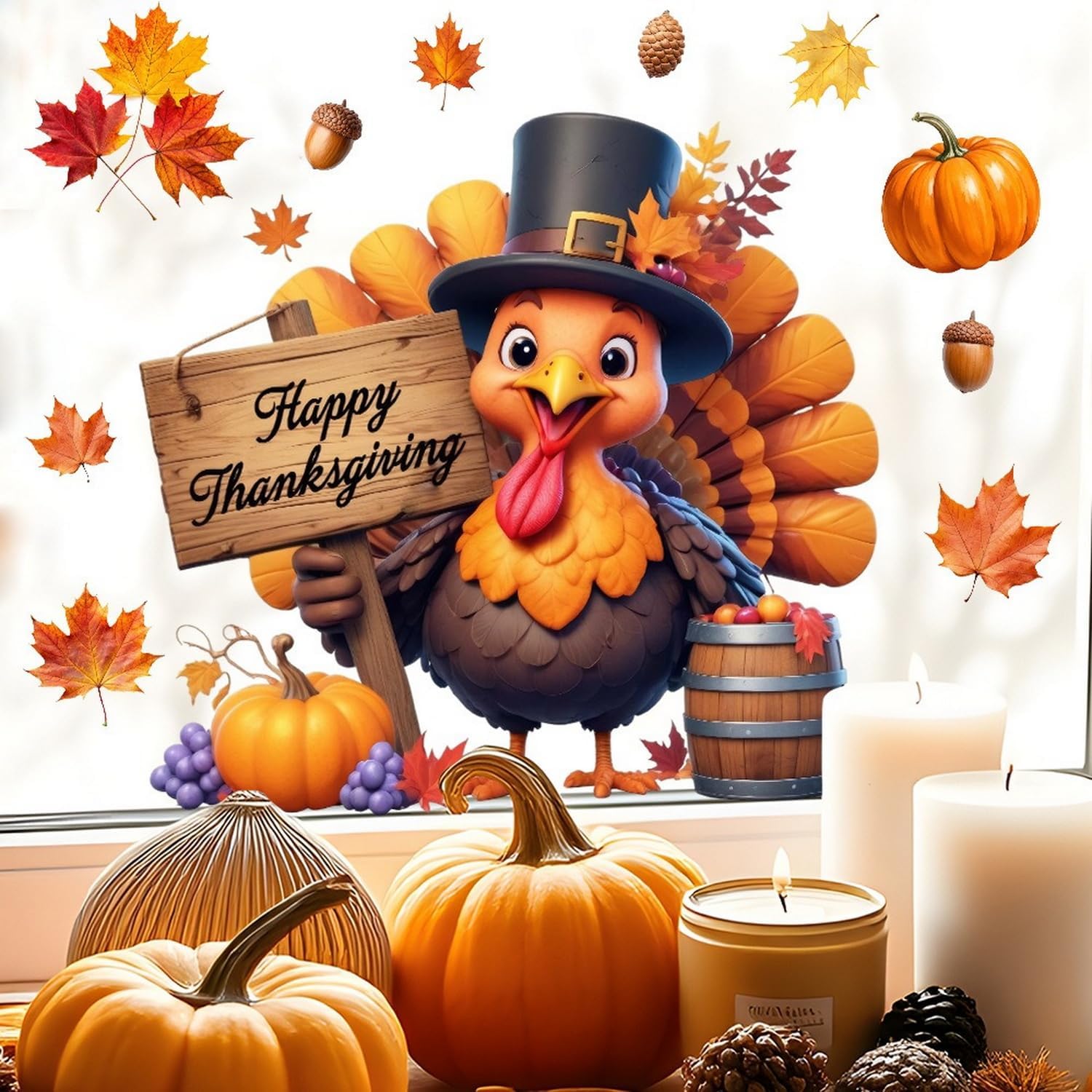 Fall Window Clings for Glass Thanksgiving Static Cling Window Decals 1PCS Turkey Pumpkin Maple Leaves Autumn Reusable Window Stickers Home School Office Decorations