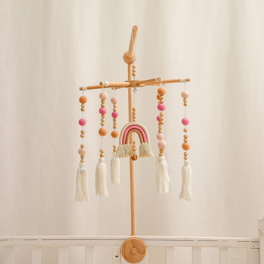 Baby Crib Mobile,Crib Mobile Wooden Mobile with Colorful Cotton Ball Wool Felt Ball Boho Baby Mobile Bassinet Mobile for Crib,Mobile for Baby Nursery and Ceiling Decoration