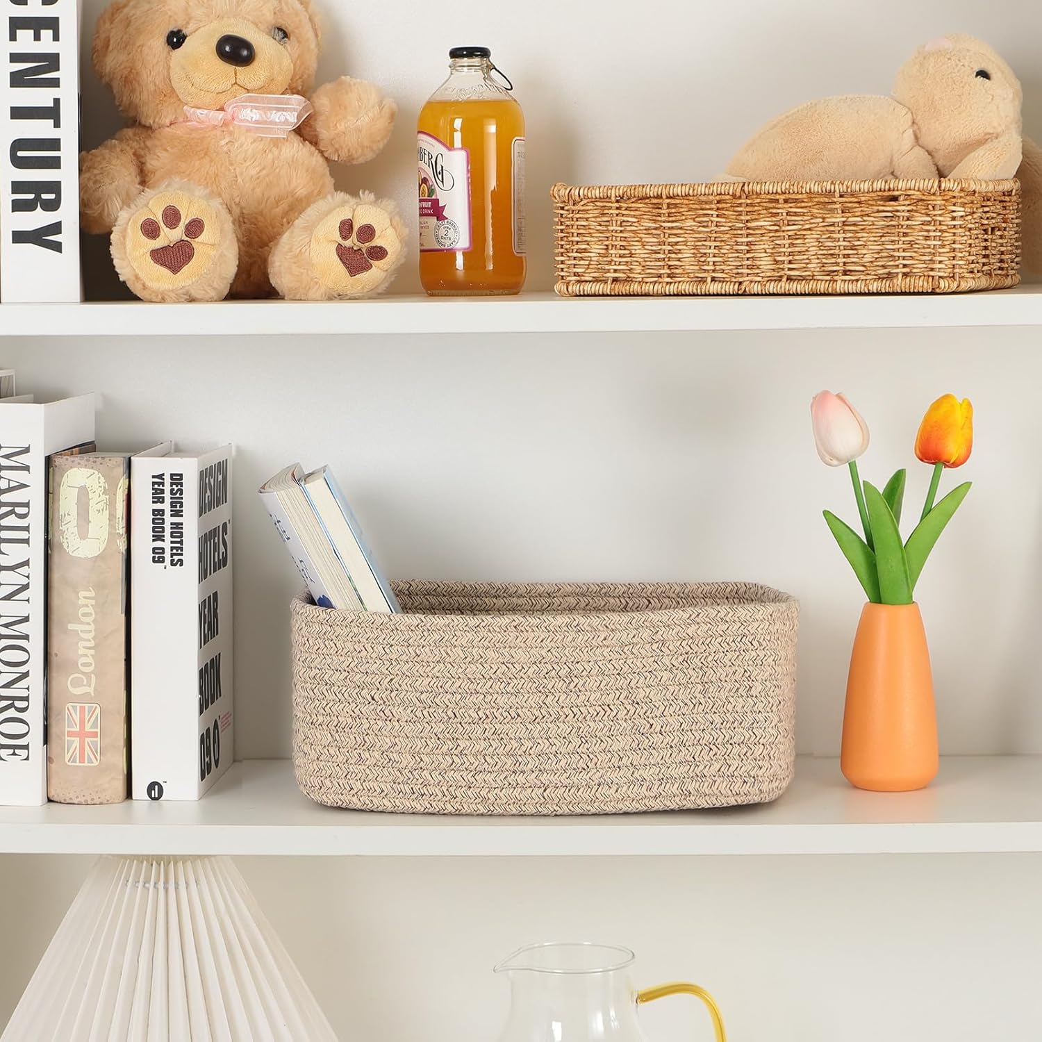 Small Storage Baskets for Organizing | Closet Organizer Bins | Shelf Toy Basket | Woven Rope Baskets | Cube Decorative Box | Shallow Basket | 11.5x7.5x4.7” | 3 Packs Mixed Brown