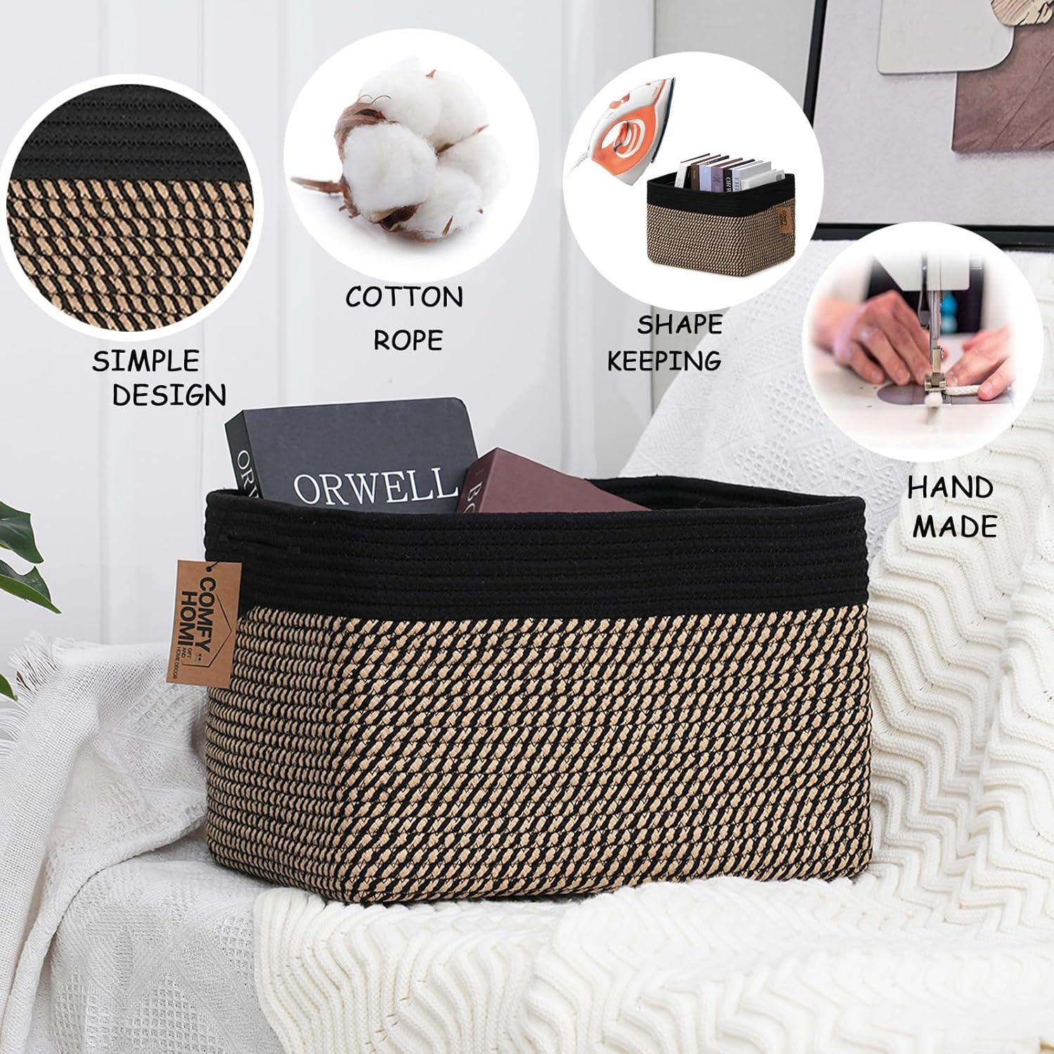 COMFY-HOMI Cotton Rope Woven Basket with Handles for Shelves,Toys,Book, Cloth Storage Baskets Bin for Organizing-13.5"x11"x9.5" Toy Decorative Organizer for Living Room, Bathroom-Black/Jute