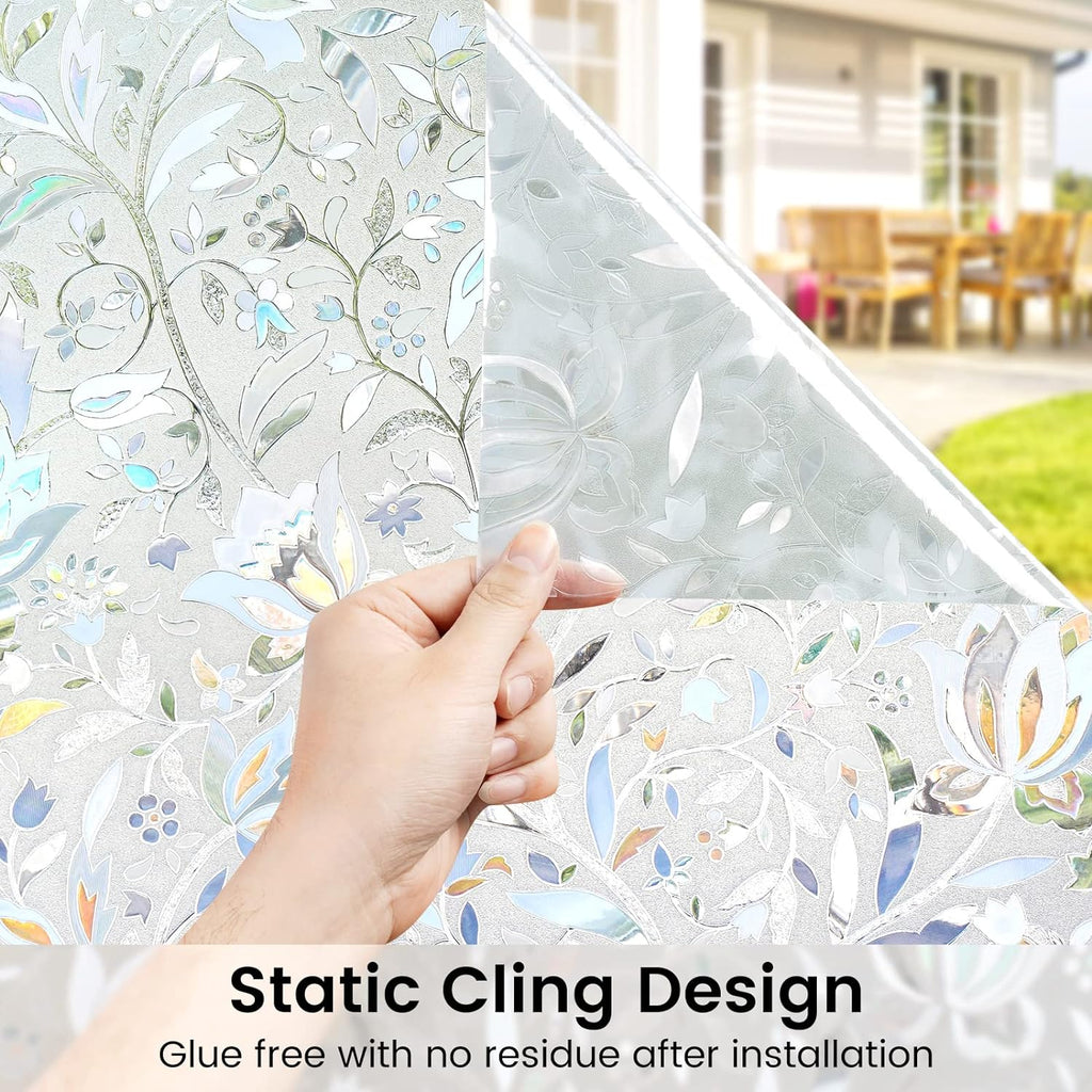 DOWELL Window Privacy Film, 3D Stained Glass Rainbow Films, Decorative Window Vinyl Sun Blocker Door Covering, Static Cling Non-Adhesive Glass Sticker for Home, Blooming Flowers, 17.5"x78.7"