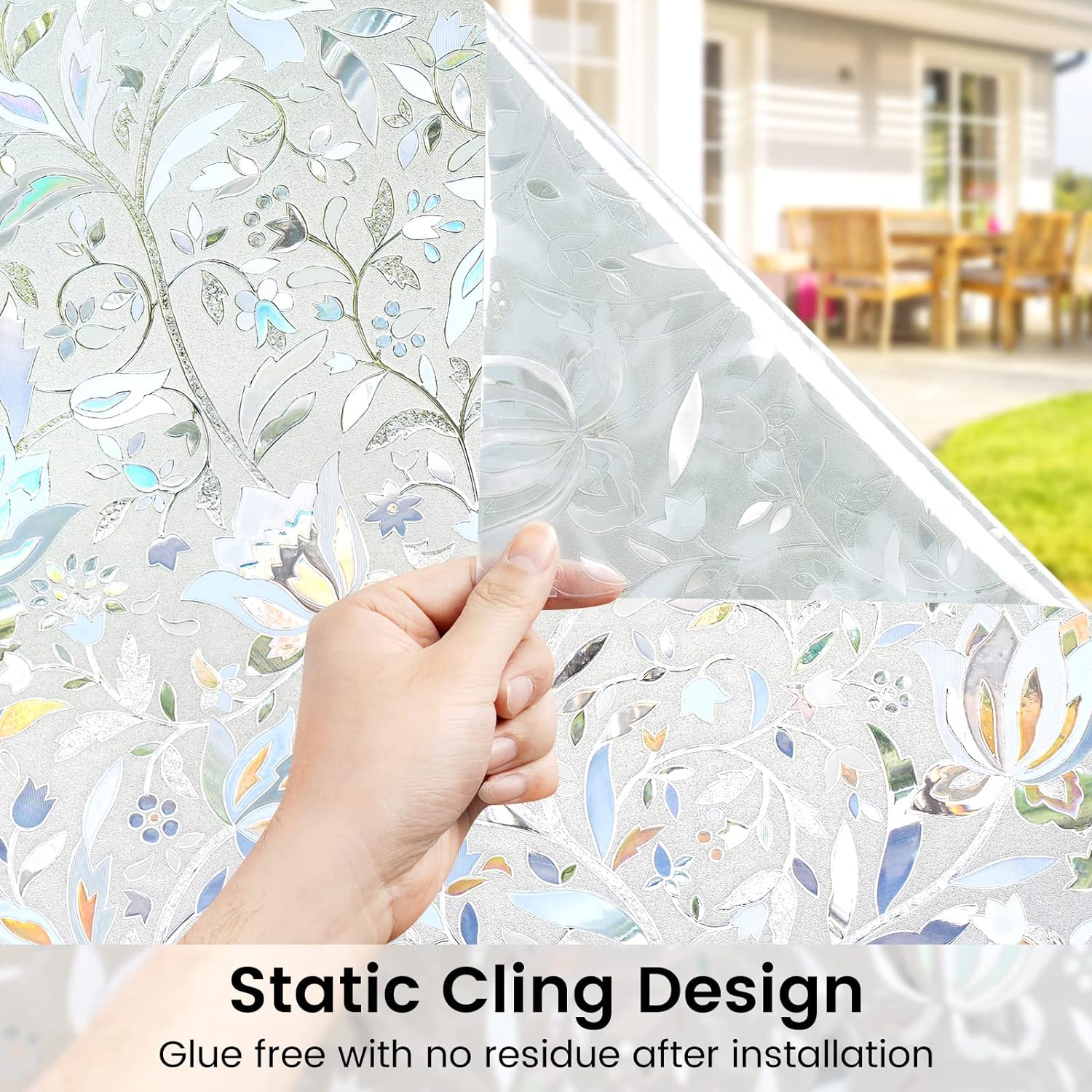 DOWELL Window Privacy Film, 3D Stained Glass Rainbow Films, Decorative Window Vinyl Sun Blocker Door Covering, Static Cling Non-Adhesive Glass Sticker for Home, Blooming Flowers, 17.5"x118.1"