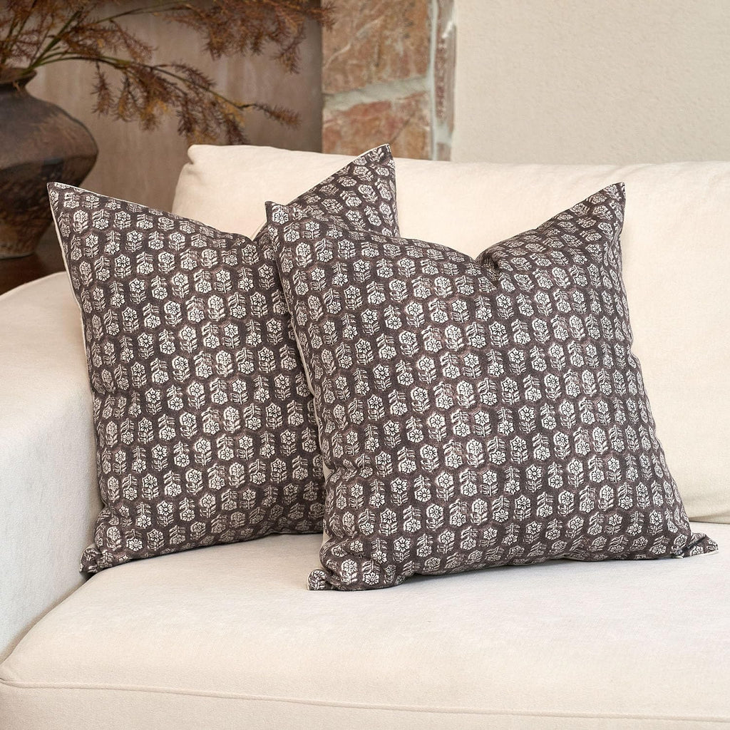 DOMVITUS Floral Pillow Covers Set of 2, 24x24 Pillow Covers, Floral Print Neutral Accent Decorative Pillow Covers for Living Room, Bed, Dark Brown