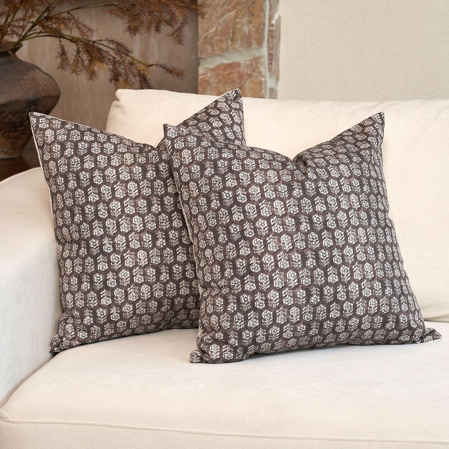 DOMVITUS Floral Pillow Covers Set of 2, Throw Pillow Covers 20x20, Floral Print Neutral Accent Decorative Pillow Covers for Living Room, Bed, Dark Brown