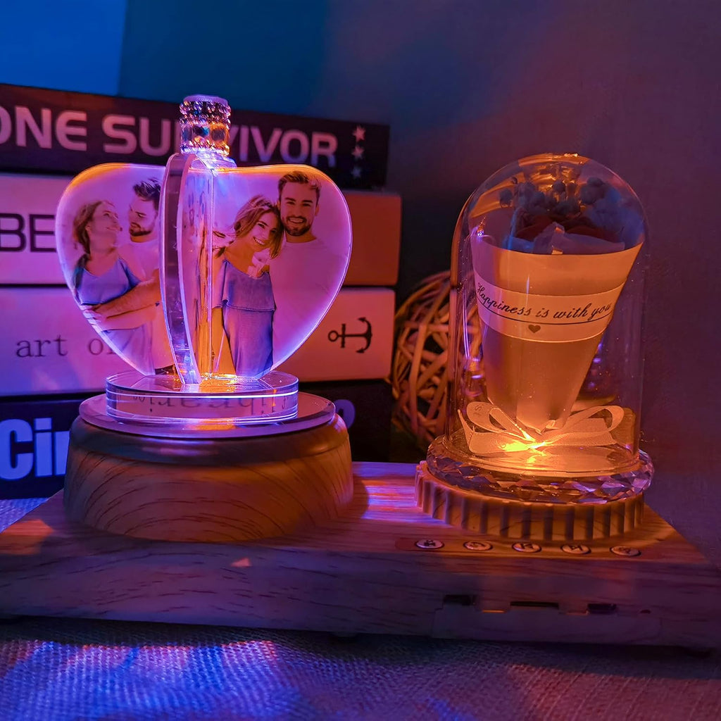 3D Crystal Photo, Personalized 4 Photos-Color Print Picture, Crystal Night Light Family Baby Mother Lover Daddy Day Gift, Rotating Windmill Rose Ornament lamp