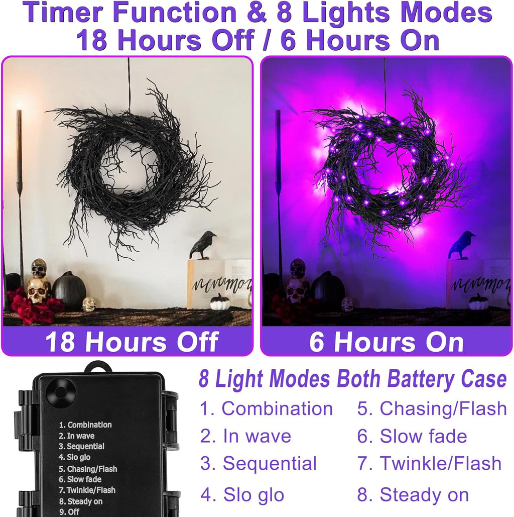 6 Ft 45 LED Willow Vine Twig Decor Black Halloween Garland with Purple Lights, Timer 8 Modes Waterproof Battery Operated Indoor Halloween Decorations for Wall Fireplace Mantle Home Office Party Decor