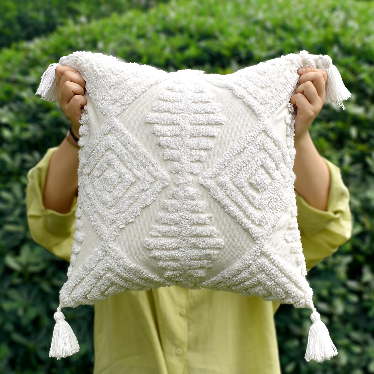 Boho Style Sofa Throw Pillow Covers – Exquisitely Crafted with Hand-Finished Tuft with Thick Cotton Tassel Details – Soft & Stylish Moroccan Decorative, 18x18inch (Spring Ruched)